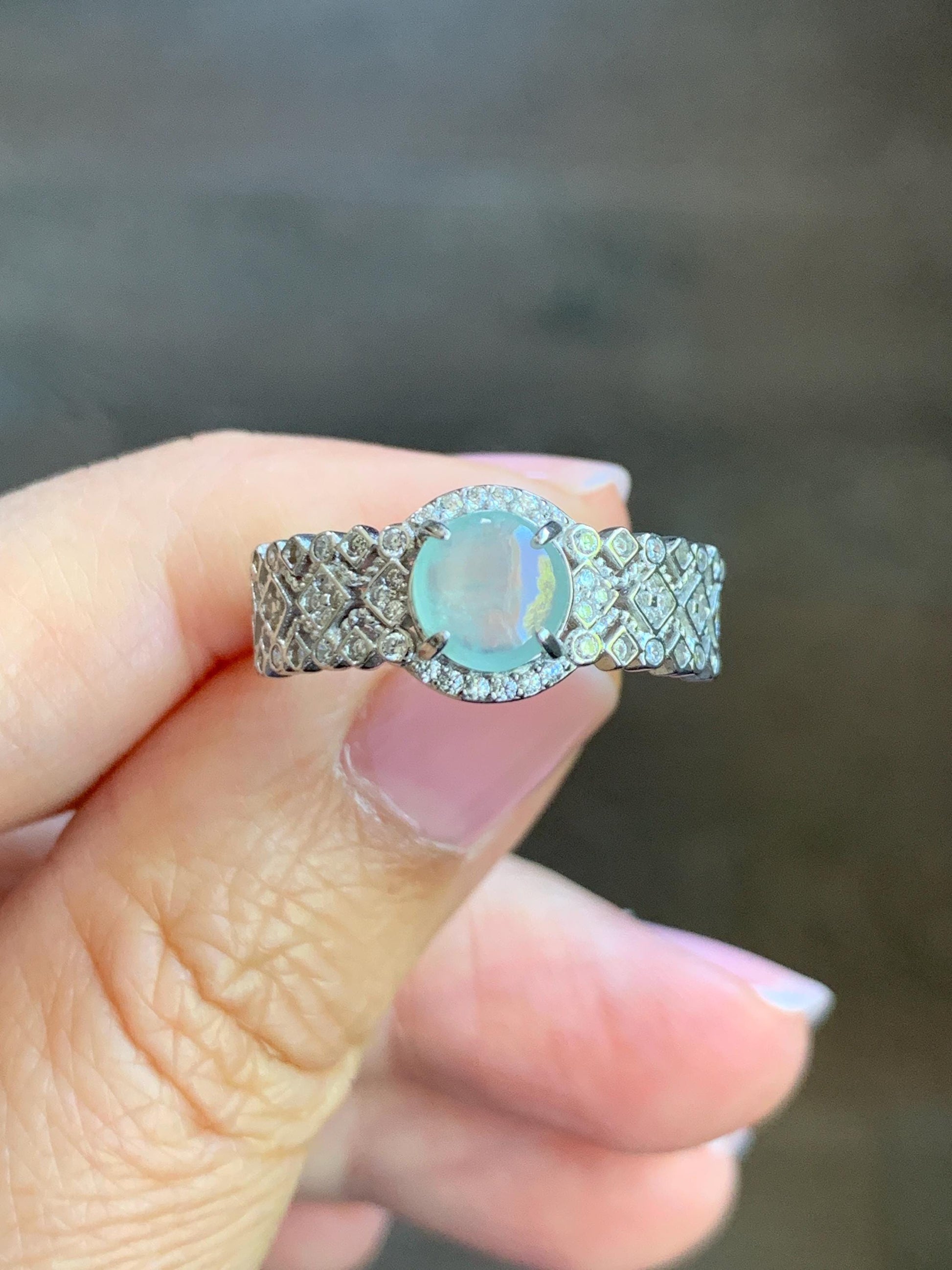 Natural Burmese Icy Highly Translucent Light Bluish Green Jadeite Ring 925 Sterling Silver 6.4x6.5mm Size Adjustable 天然缅甸起光冰晴蓝底翡翠银镶戒指 MXG66C