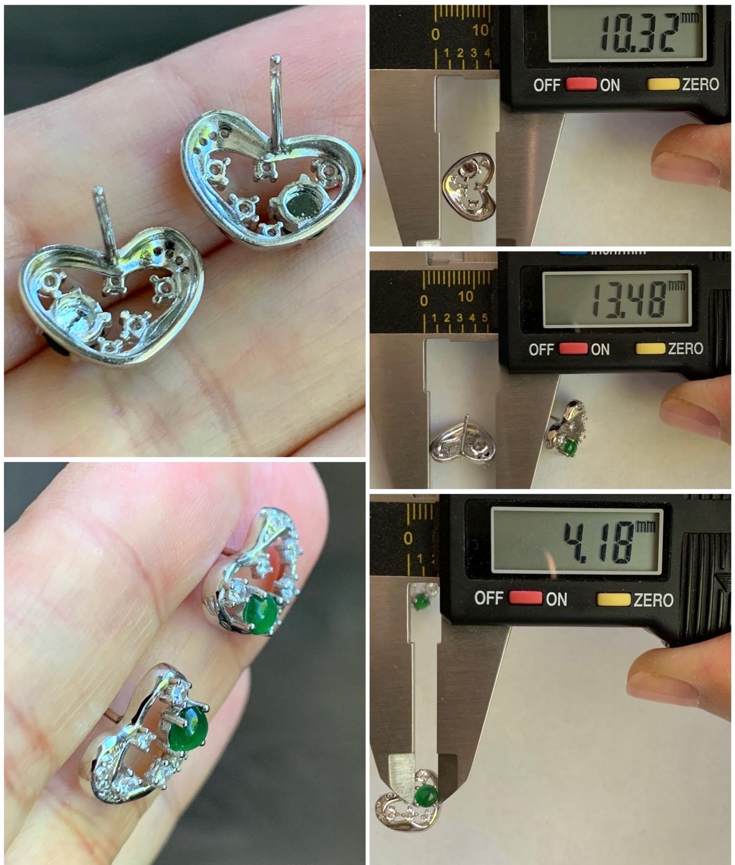 Natural Guatemalan Icy Translucent Vibrant Green Jadeite Heart Design Stud Earrings S925 Sterling Silver 天然冰危绿翡翠银镶爱心耳钉