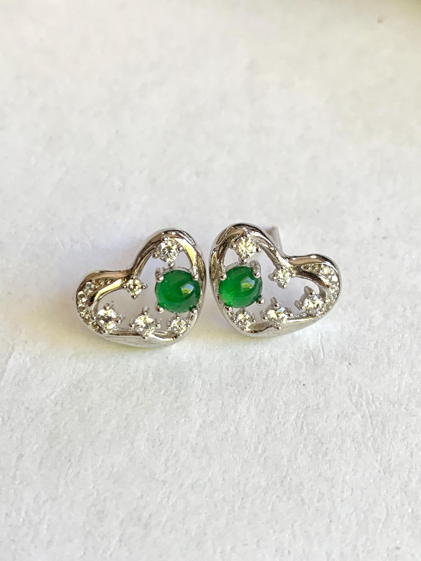 Natural Guatemalan Icy Translucent Vibrant Green Jadeite Heart Design Stud Earrings S925 Sterling Silver 天然冰危绿翡翠银镶爱心耳钉