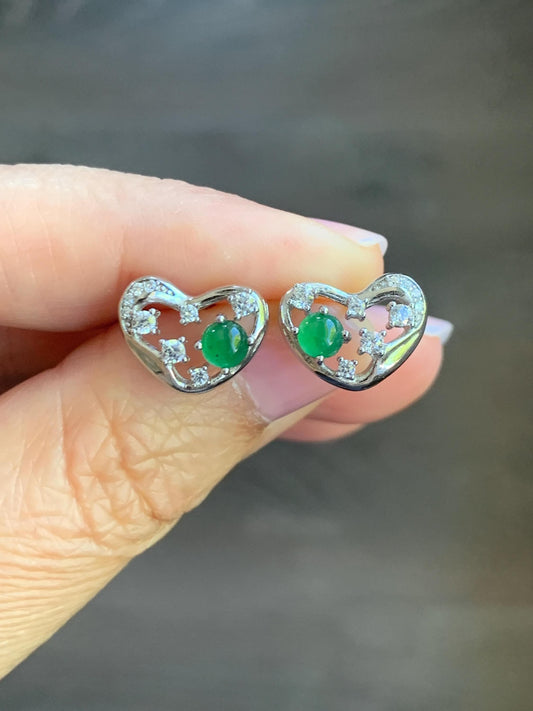 Natural Guatemalan Icy Translucent Vibrant Green Jadeite Heart Design Stud Earrings S925 Sterling Silver 天然冰危绿翡翠银镶爱心耳钉