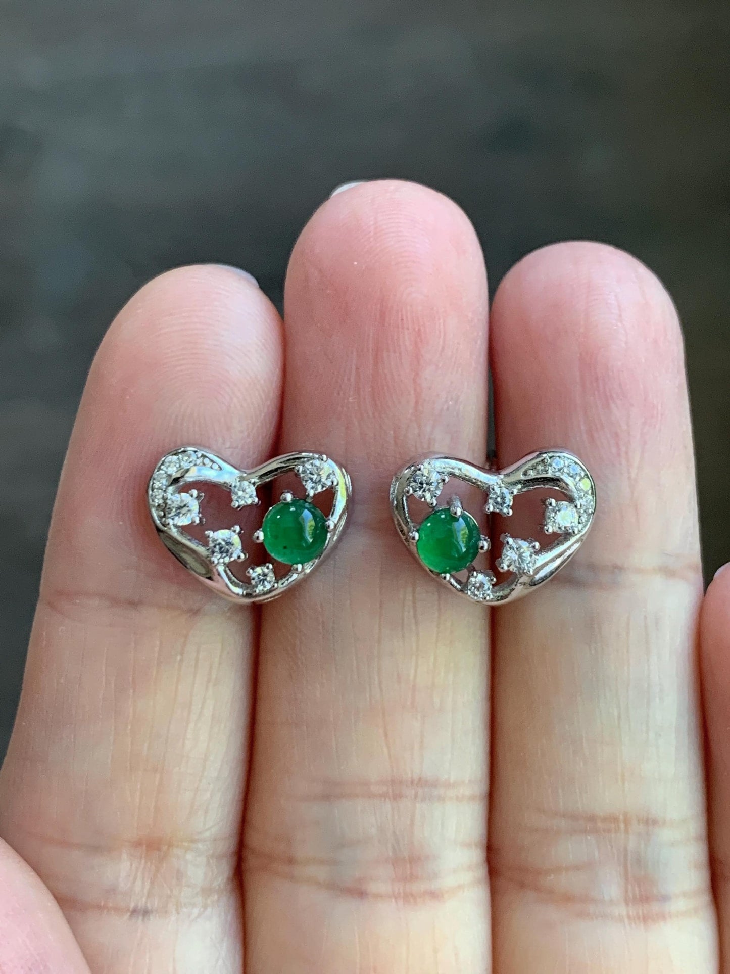 Natural Guatemalan Icy Translucent Vibrant Green Jadeite Heart Design Stud Earrings S925 Sterling Silver 天然冰危绿翡翠银镶爱心耳钉