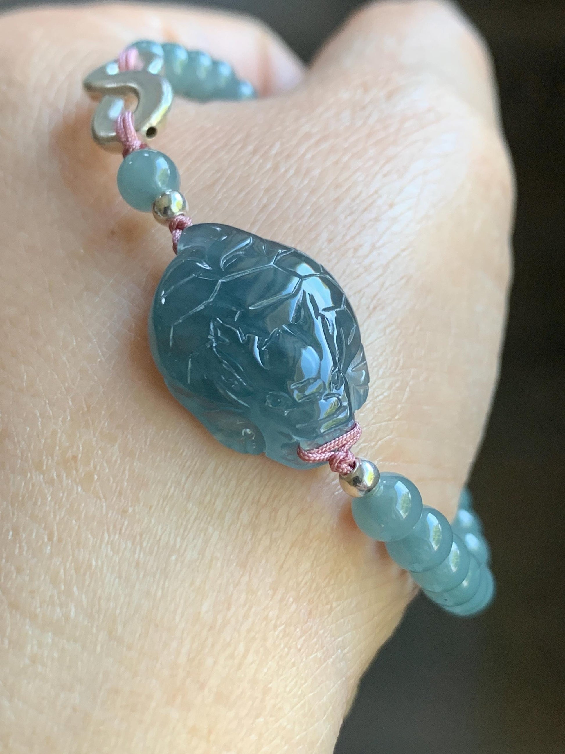 Natural Guatemalan Icy Translucent Gelatinous Dusty Blue Jadeite Dragon Turtle Beaded Bracelet Sterling Silver 6.75” 9g 天然冰危烟蓝紫起胶翡翠龙龟小圆珠手串