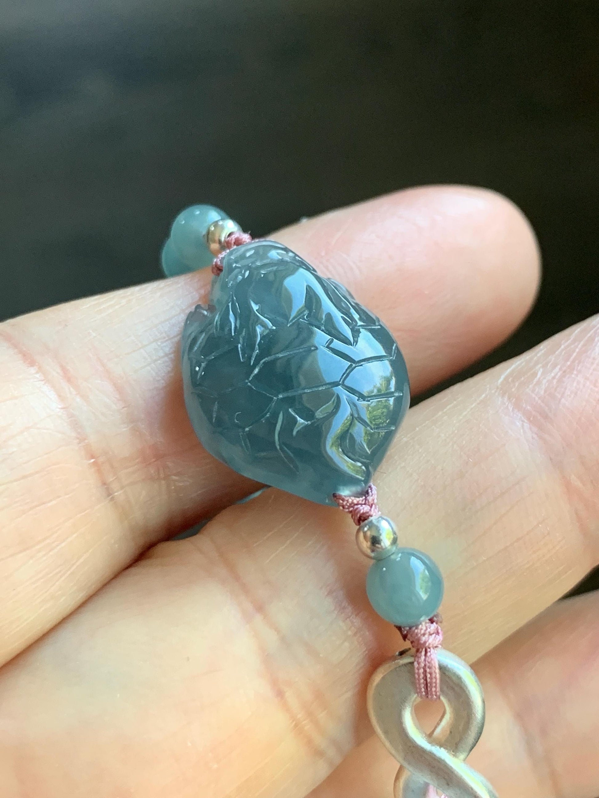 Natural Guatemalan Icy Translucent Gelatinous Dusty Blue Jadeite Dragon Turtle Beaded Bracelet Sterling Silver 6.75” 9g 天然冰危烟蓝紫起胶翡翠龙龟小圆珠手串
