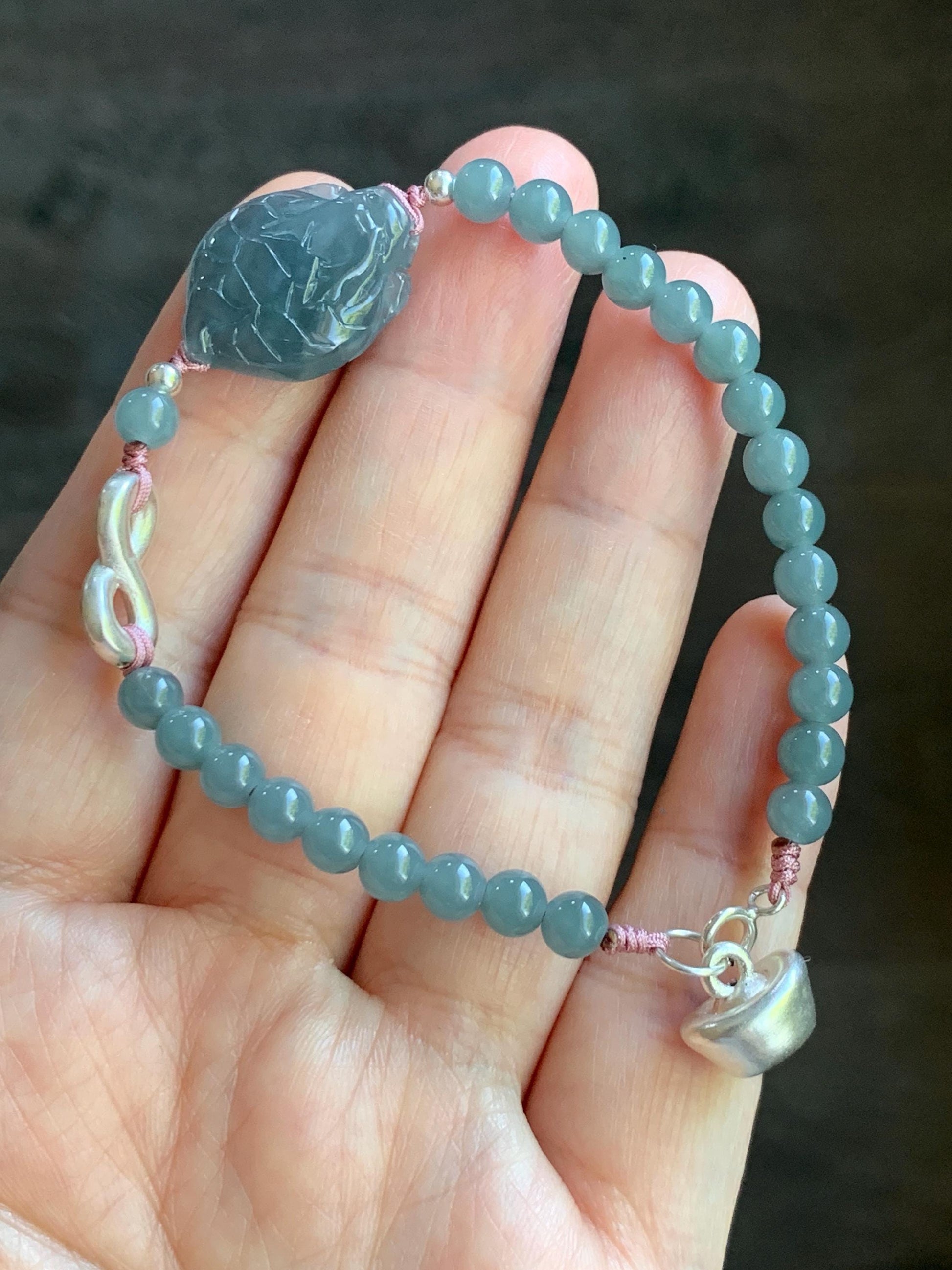 Natural Guatemalan Icy Translucent Gelatinous Dusty Blue Jadeite Dragon Turtle Beaded Bracelet Sterling Silver 6.75” 9g 天然冰危烟蓝紫起胶翡翠龙龟小圆珠手串