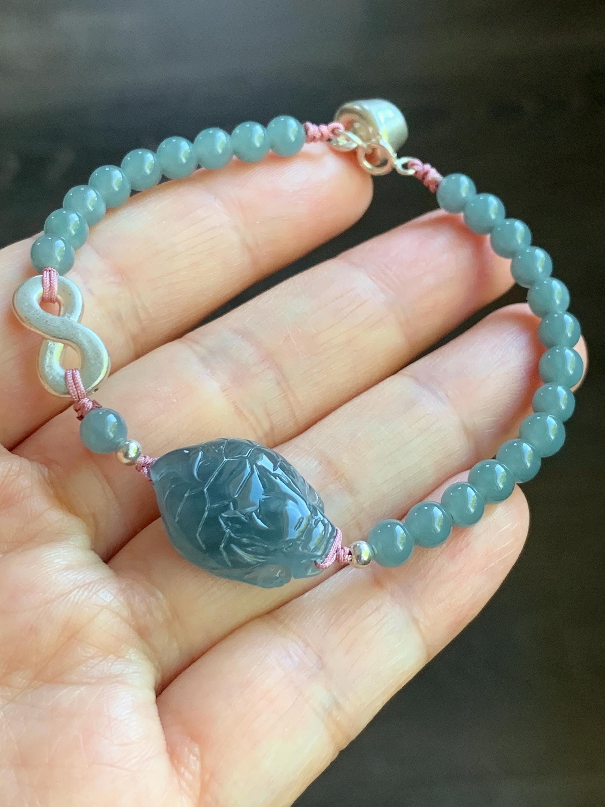 Natural Guatemalan Icy Translucent Gelatinous Dusty Blue Jadeite Dragon Turtle Beaded Bracelet Sterling Silver 6.75” 9g 天然冰危烟蓝紫起胶翡翠龙龟小圆珠手串