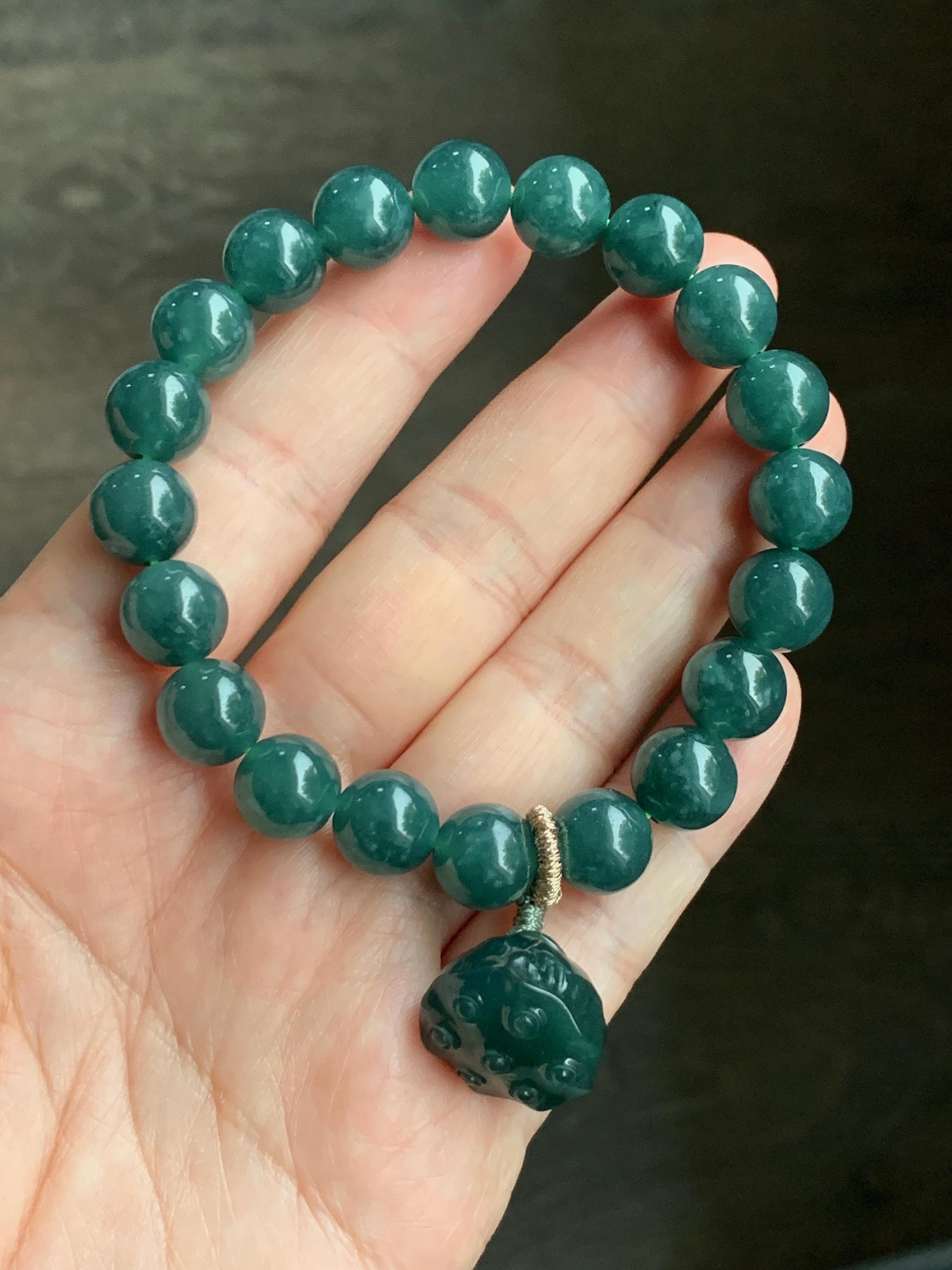 Natural Guatemalan Icy Translucent Dark Teal Green Jadeite Beaded Bracelet Pudgy Lotus Pod Charm 10mm 7.5” 39g 天然冰危蓝绿翡翠莲蓬手串 LPW43