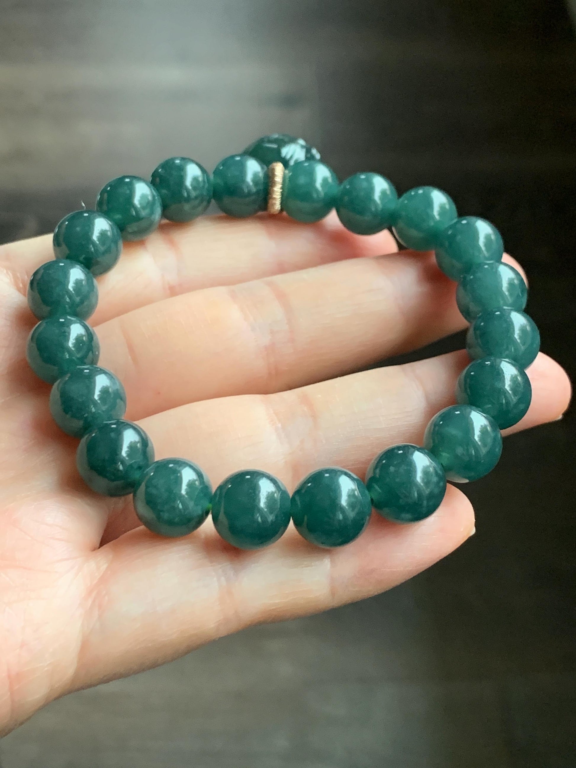 Natural Guatemalan Icy Translucent Dark Teal Green Jadeite Beaded Bracelet Pudgy Lotus Pod Charm 10mm 7.5” 39g 天然冰危蓝绿翡翠莲蓬手串 LPW43