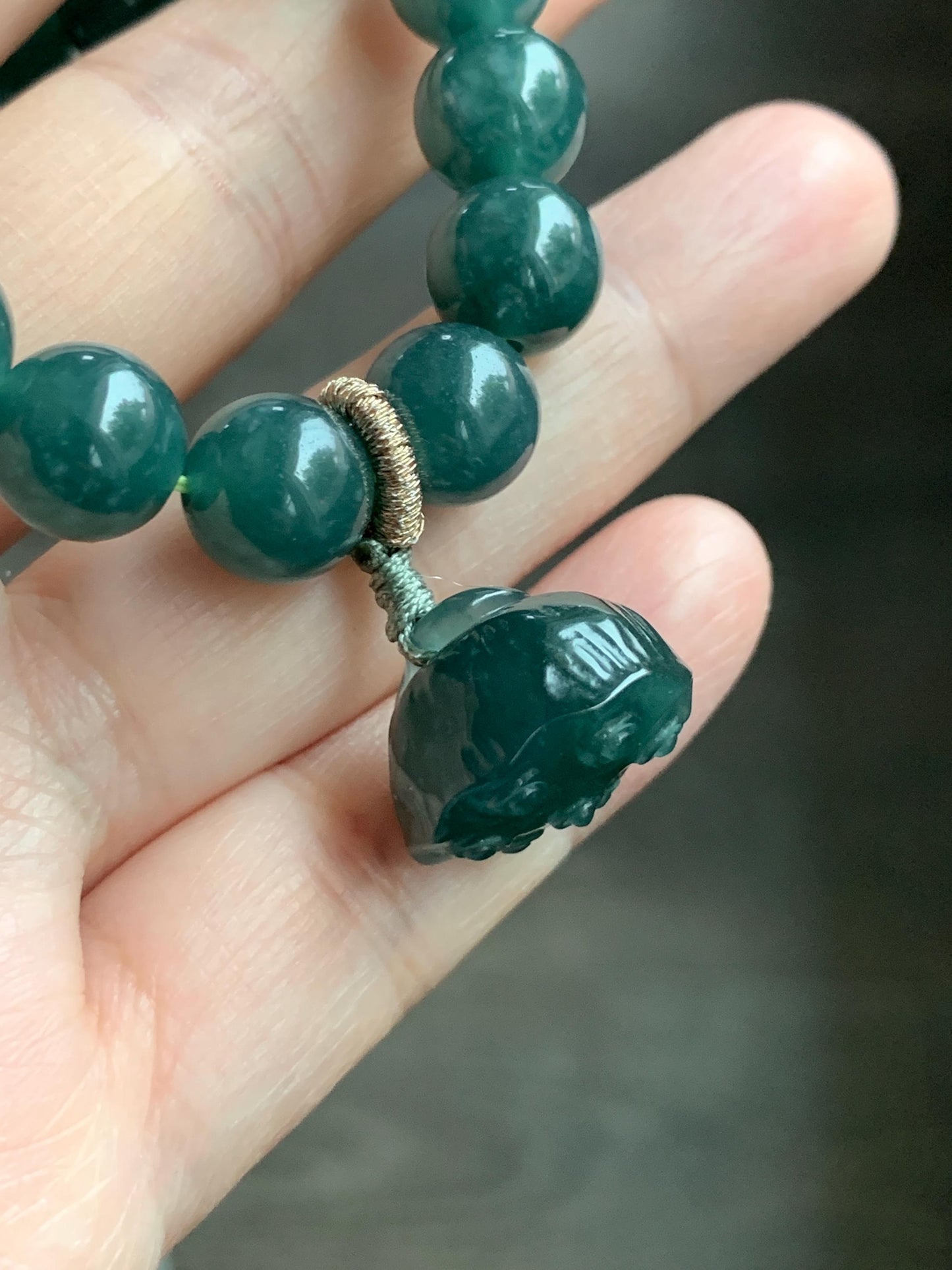 Natural Guatemalan Icy Translucent Dark Teal Green Jadeite Beaded Bracelet Pudgy Lotus Pod Charm 10mm 7.5” 39g 天然冰危蓝绿翡翠莲蓬手串 LPW43