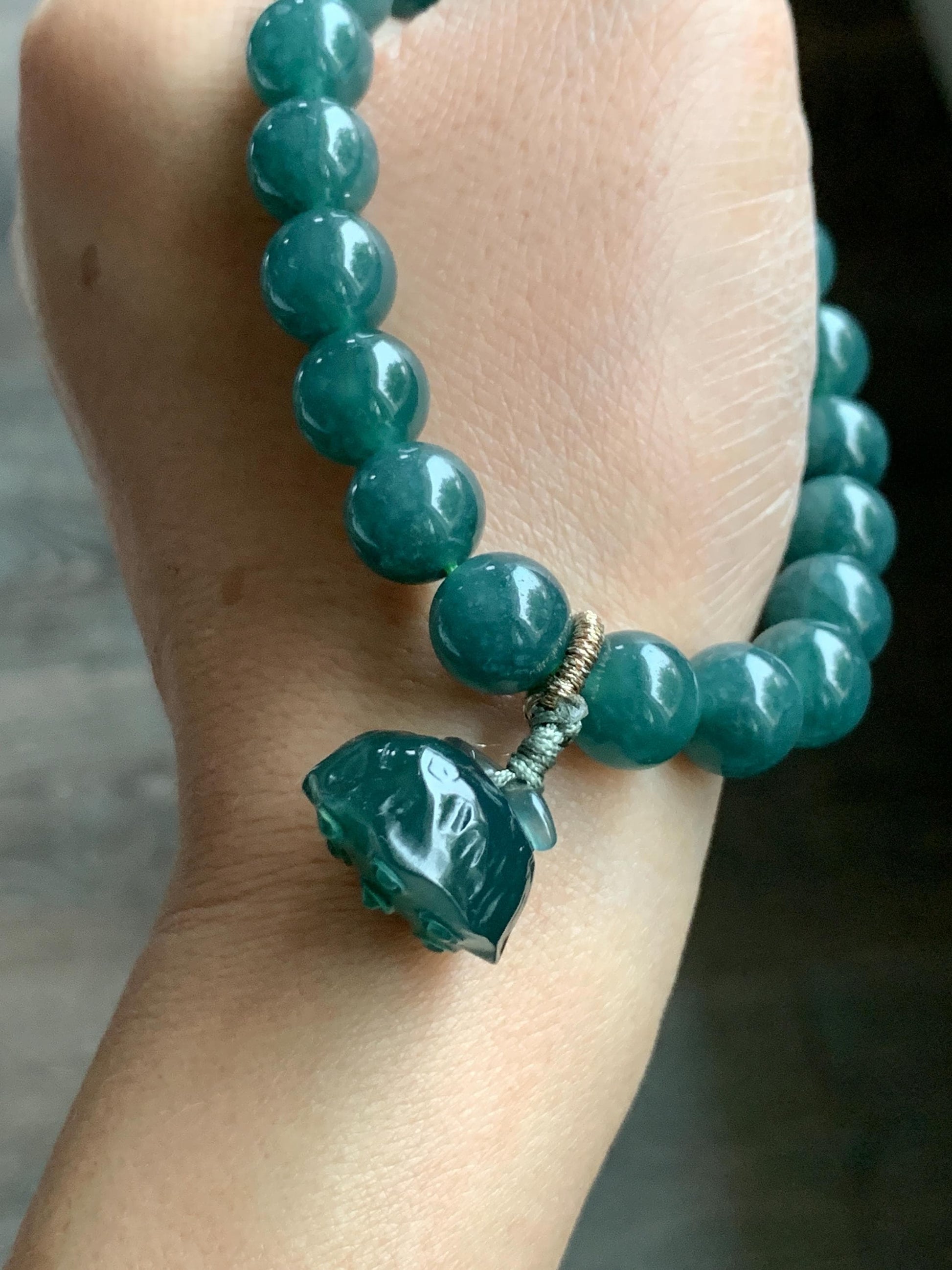Natural Guatemalan Icy Translucent Dark Teal Green Jadeite Beaded Bracelet Pudgy Lotus Pod Charm 10mm 7.5” 39g 天然冰危蓝绿翡翠莲蓬手串 LPW43