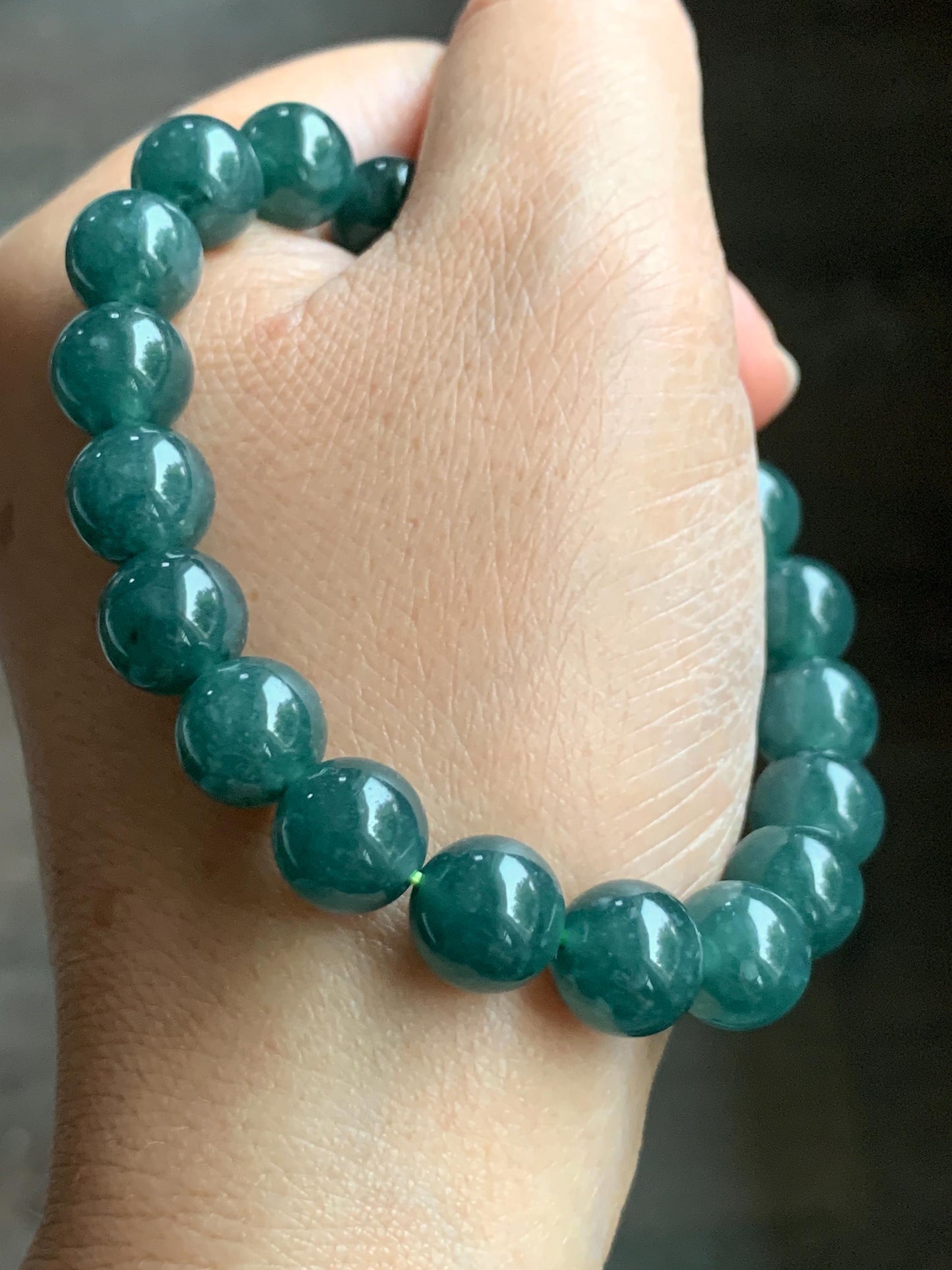 Natural Guatemalan Icy Translucent Dark Teal Green Jadeite Beaded Bracelet Pudgy Lotus Pod Charm 10mm 7.5” 39g 天然冰危蓝绿翡翠莲蓬手串 LPW43