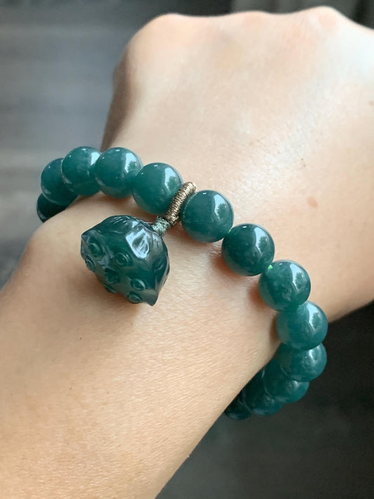 Natural Guatemalan Icy Translucent Dark Teal Green Jadeite Beaded Bracelet Pudgy Lotus Pod Charm 10mm 7.5” 39g 天然冰危蓝绿翡翠莲蓬手串 LPW43