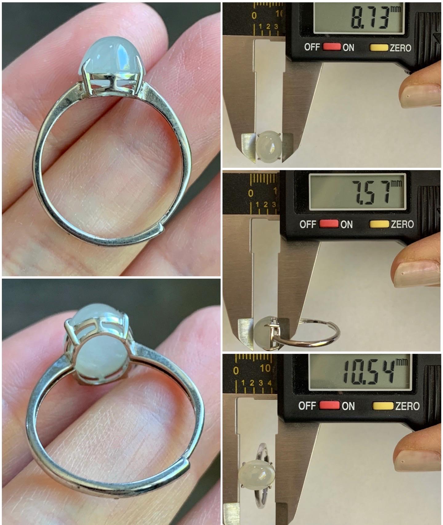 Natural Burmese Icy Translucent Gelatinous Large Light Beige Jadeite Solitaire Ring Sterling Silver Adjustable 天然缅甸冰胶淡雪梨黄翡翠蛋面银镶戒指 MDJ70B