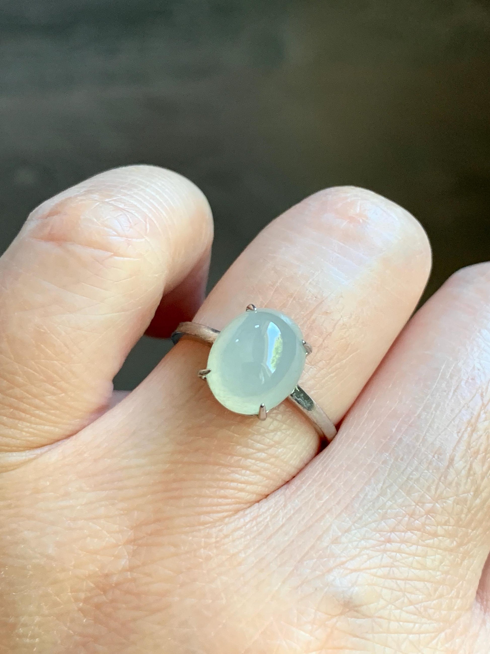 Natural Burmese Icy Translucent Gelatinous Large Light Beige Jadeite Solitaire Ring Sterling Silver Adjustable 天然缅甸冰胶淡雪梨黄翡翠蛋面银镶戒指 MDJ70B