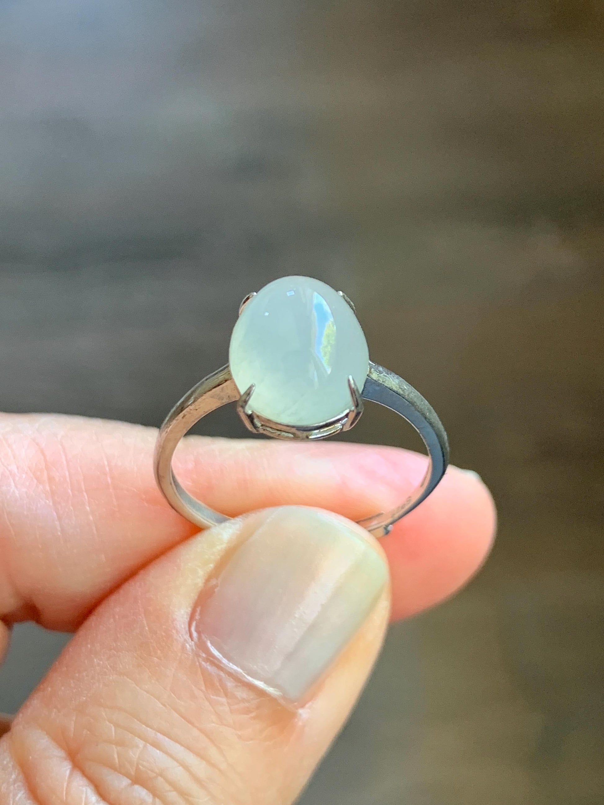 Natural Burmese Icy Translucent Gelatinous Large Light Beige Jadeite Solitaire Ring Sterling Silver Adjustable 天然缅甸冰胶淡雪梨黄翡翠蛋面银镶戒指 MDJ70B