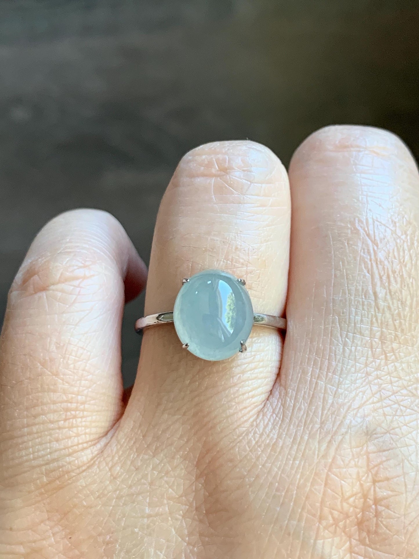 Natural Burmese Icy Translucent Gelatinous Large Light Blue Jadeite Oval Solitaire Ring Sterling Silver Adjustable 天然缅甸冰胶淡蓝翡翠蛋面银镶戒指 MDJ70A