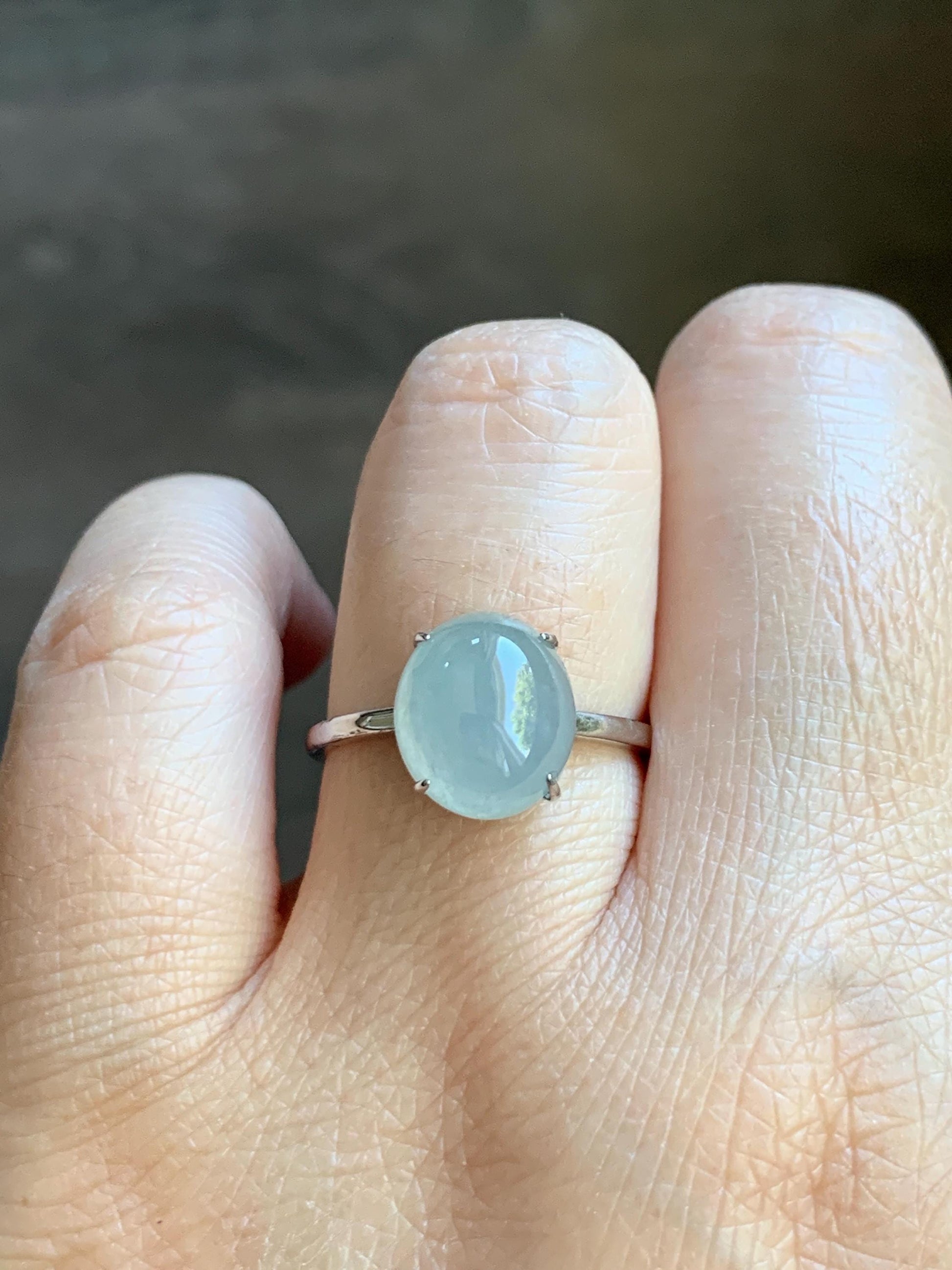 Natural Burmese Icy Translucent Gelatinous Large Light Blue Jadeite Oval Solitaire Ring Sterling Silver Adjustable 天然缅甸冰胶淡蓝翡翠蛋面银镶戒指 MDJ70A