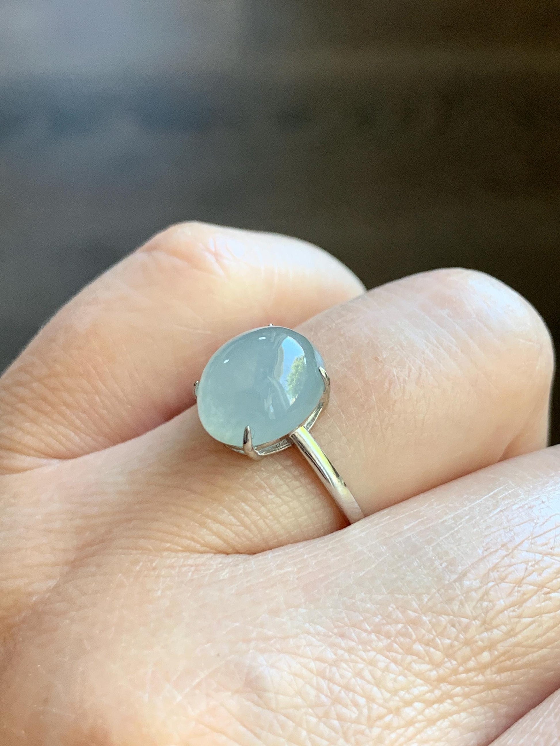 Natural Burmese Icy Translucent Gelatinous Large Light Blue Jadeite Oval Solitaire Ring Sterling Silver Adjustable 天然缅甸冰胶淡蓝翡翠蛋面银镶戒指 MDJ70A