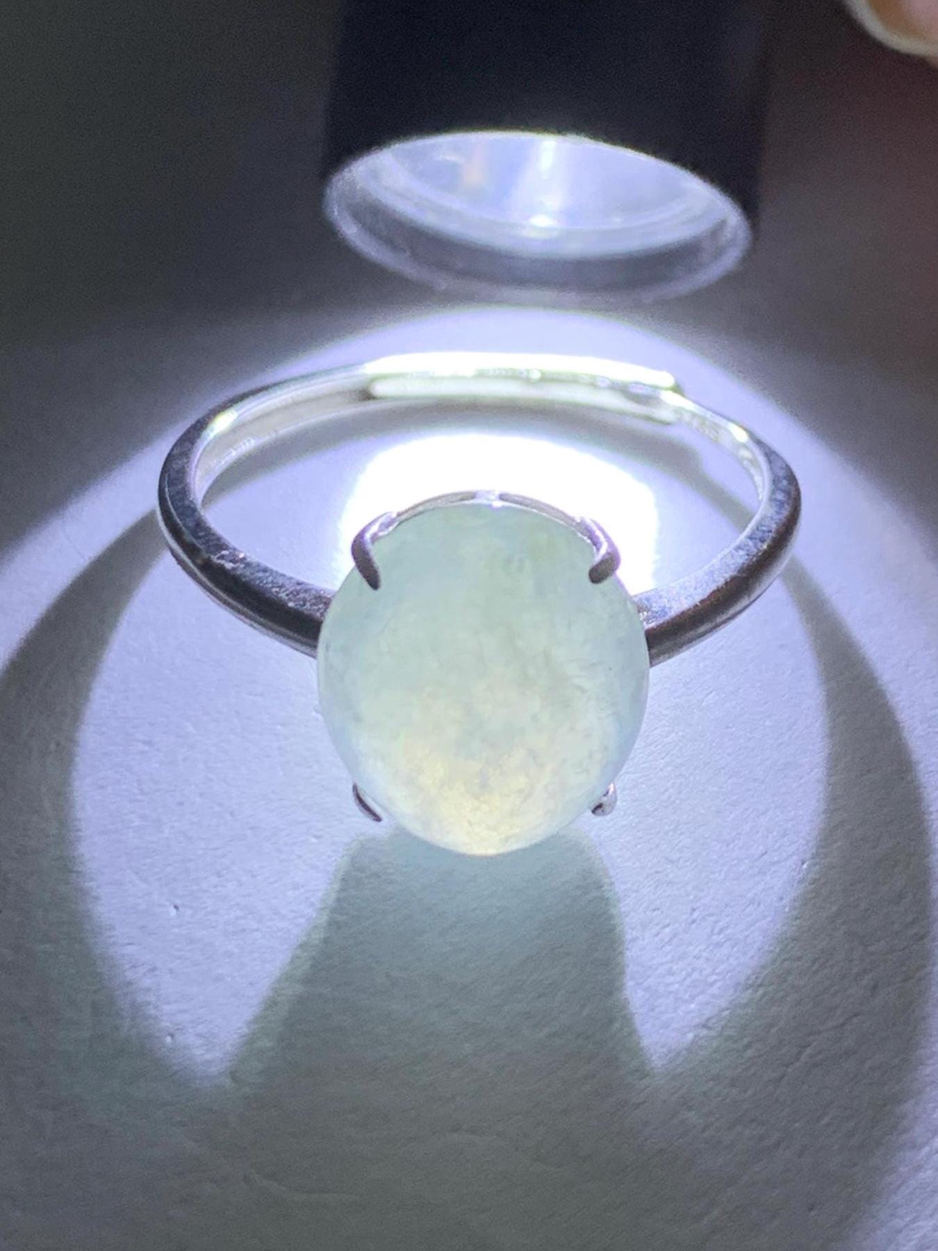 Natural Burmese Icy Translucent Gelatinous Large Light Blue Jadeite Oval Solitaire Ring Sterling Silver Adjustable 天然缅甸冰胶淡蓝翡翠蛋面银镶戒指 MDJ70A
