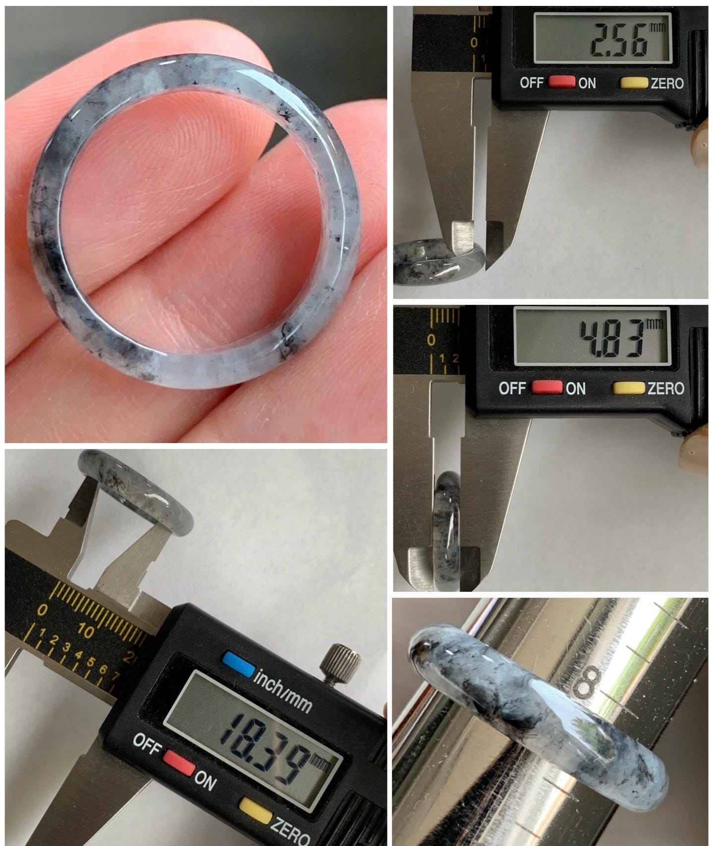 Natural Burmese Icy Highly Translucent Gelatinous Light Gray Wuji Marbled Jadeite Band Ring Size 8.25 天然缅甸冰胶淡乌鸡翡翠戒圈 XWJ60B