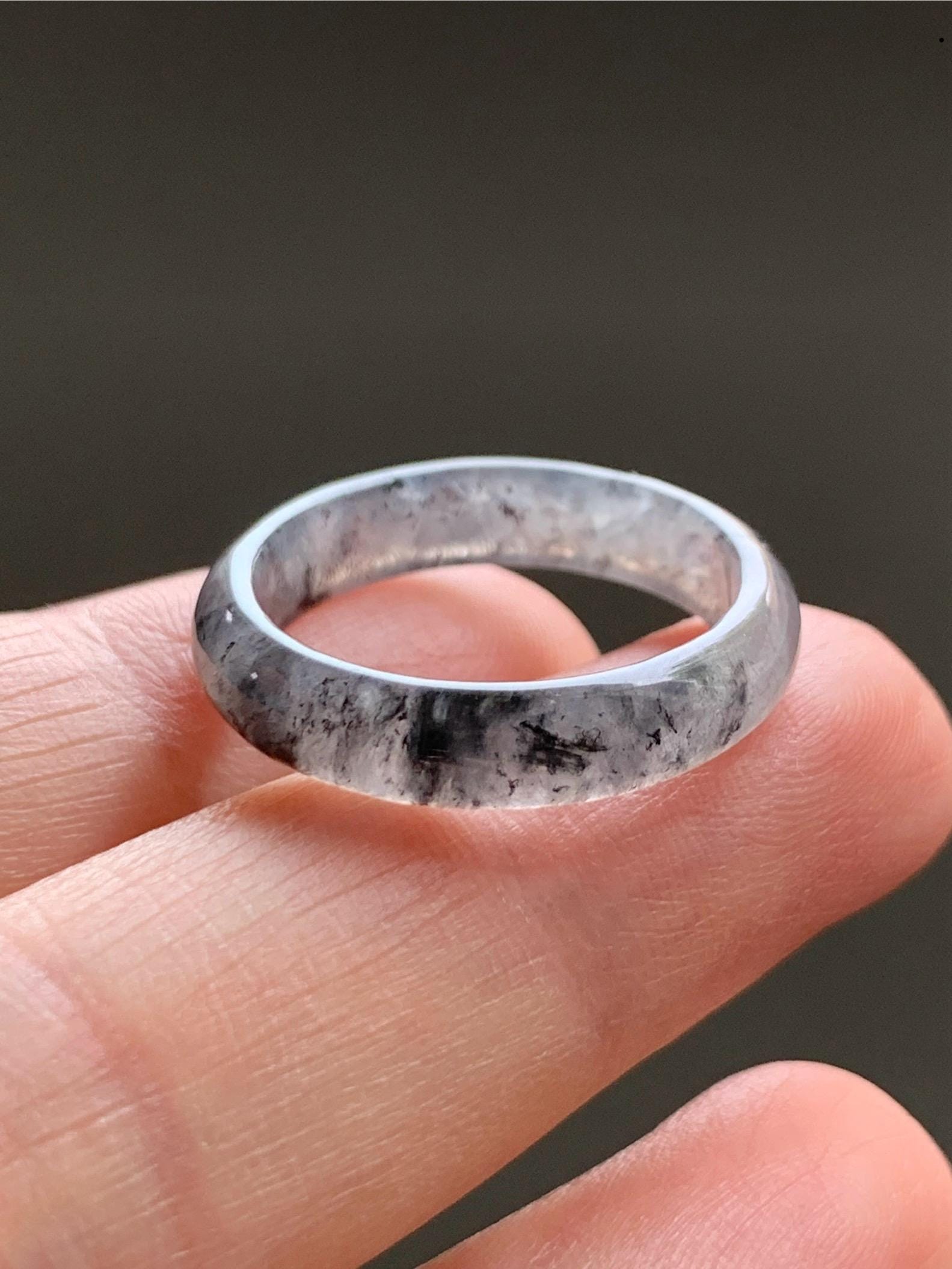 Natural Burmese Icy Highly Translucent Gelatinous Light Gray Wuji Marbled Jadeite Band Ring Size 8.25 天然缅甸冰胶淡乌鸡翡翠戒圈 XWJ60B