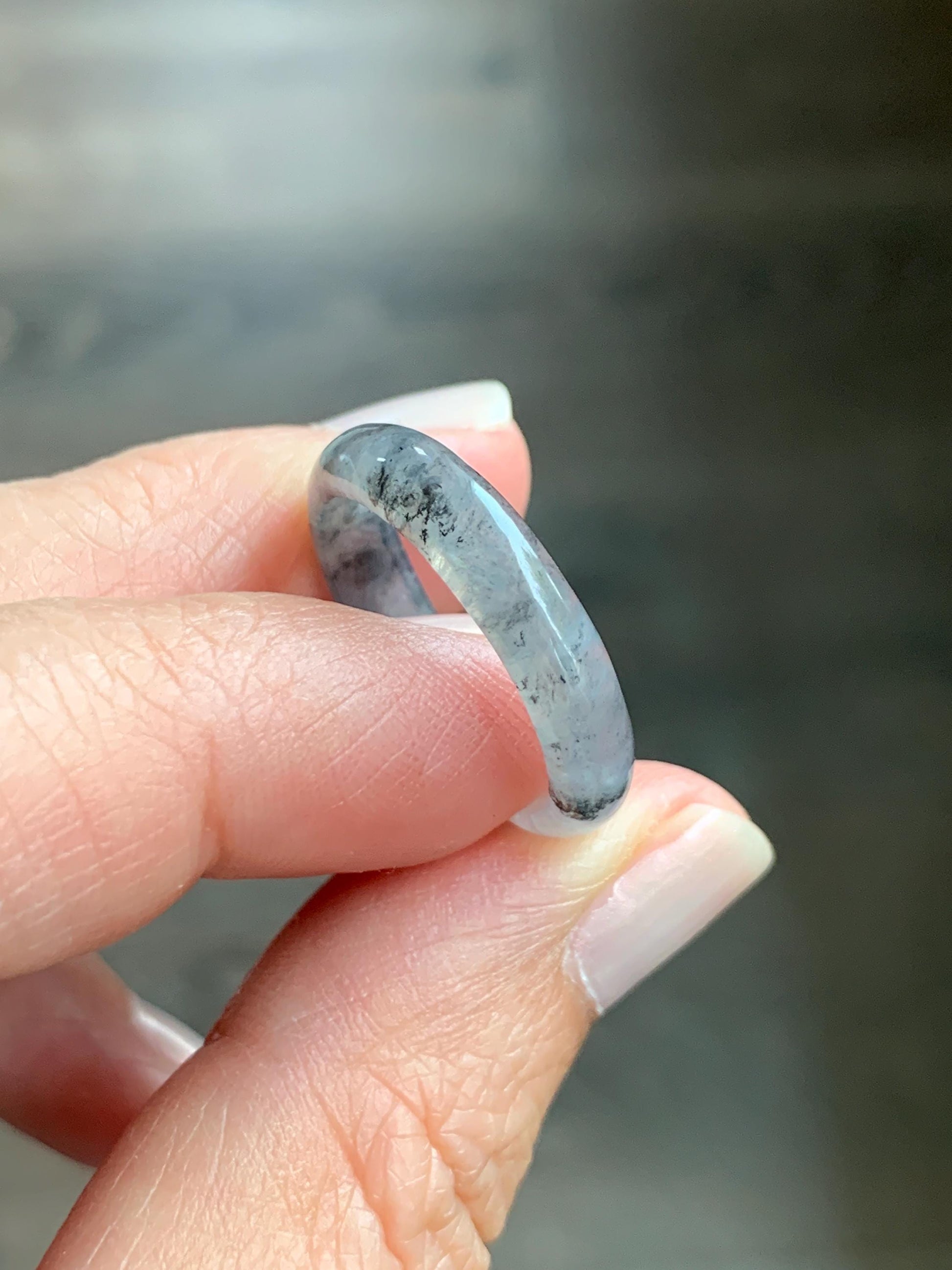 Natural Burmese Icy Highly Translucent Gelatinous Light Gray Wuji Marbled Jadeite Band Ring Size 8.25 天然缅甸冰胶淡乌鸡翡翠戒圈 XWJ60B