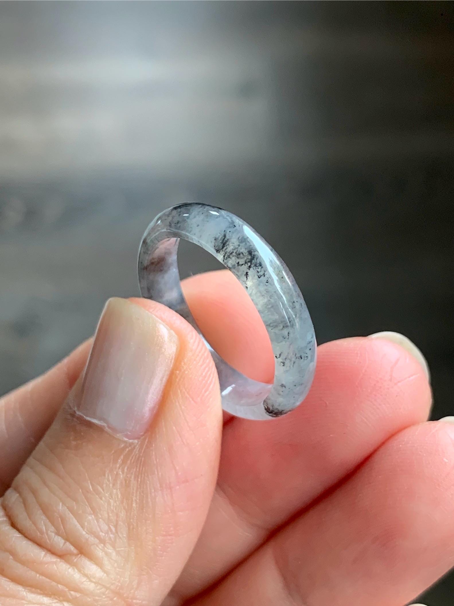 Natural Burmese Icy Highly Translucent Gelatinous Light Gray Wuji Marbled Jadeite Band Ring Size 8.25 天然缅甸冰胶淡乌鸡翡翠戒圈 XWJ60B