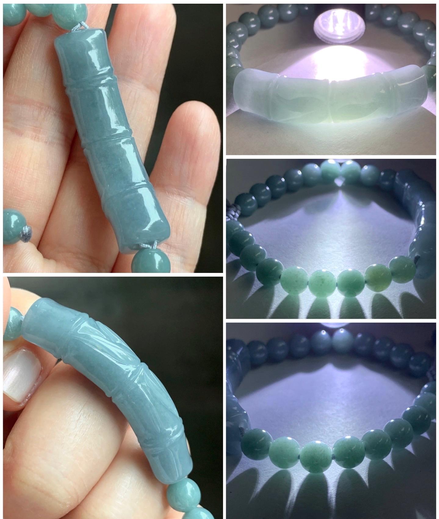 Natural Guatemalan Light Purplish Blue Jadeite Bamboo Stalk Dusty Teal Blue Jadeite Beads Beaded Bracelet 6.9mm 6.75” 22g 天然冰胶危淡蓝紫翡翠竹节手牌手串