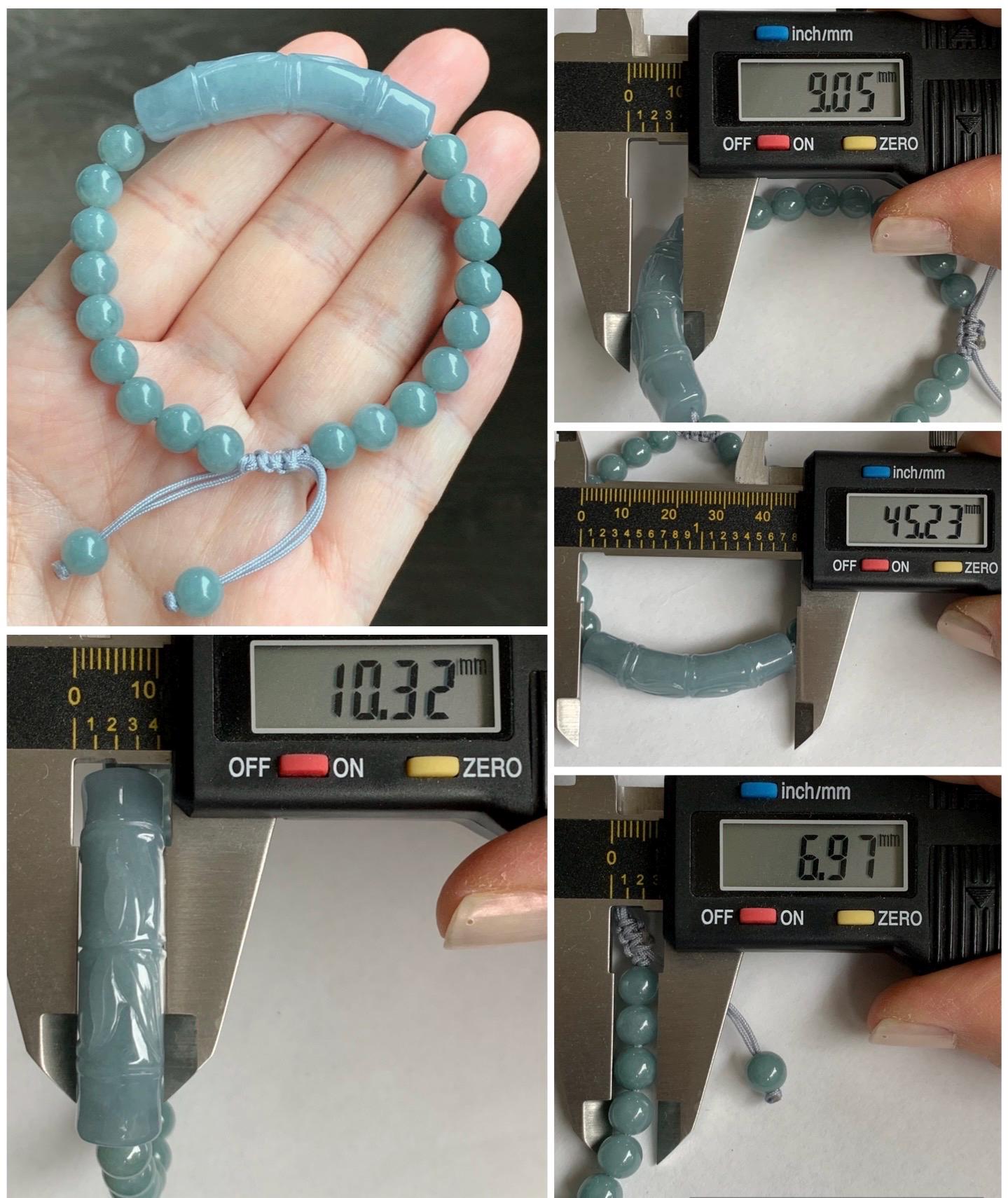 Natural Guatemalan Light Purplish Blue Jadeite Bamboo Stalk Dusty Teal Blue Jadeite Beads Beaded Bracelet 6.9mm 6.75” 22g 天然冰胶危淡蓝紫翡翠竹节手牌手串