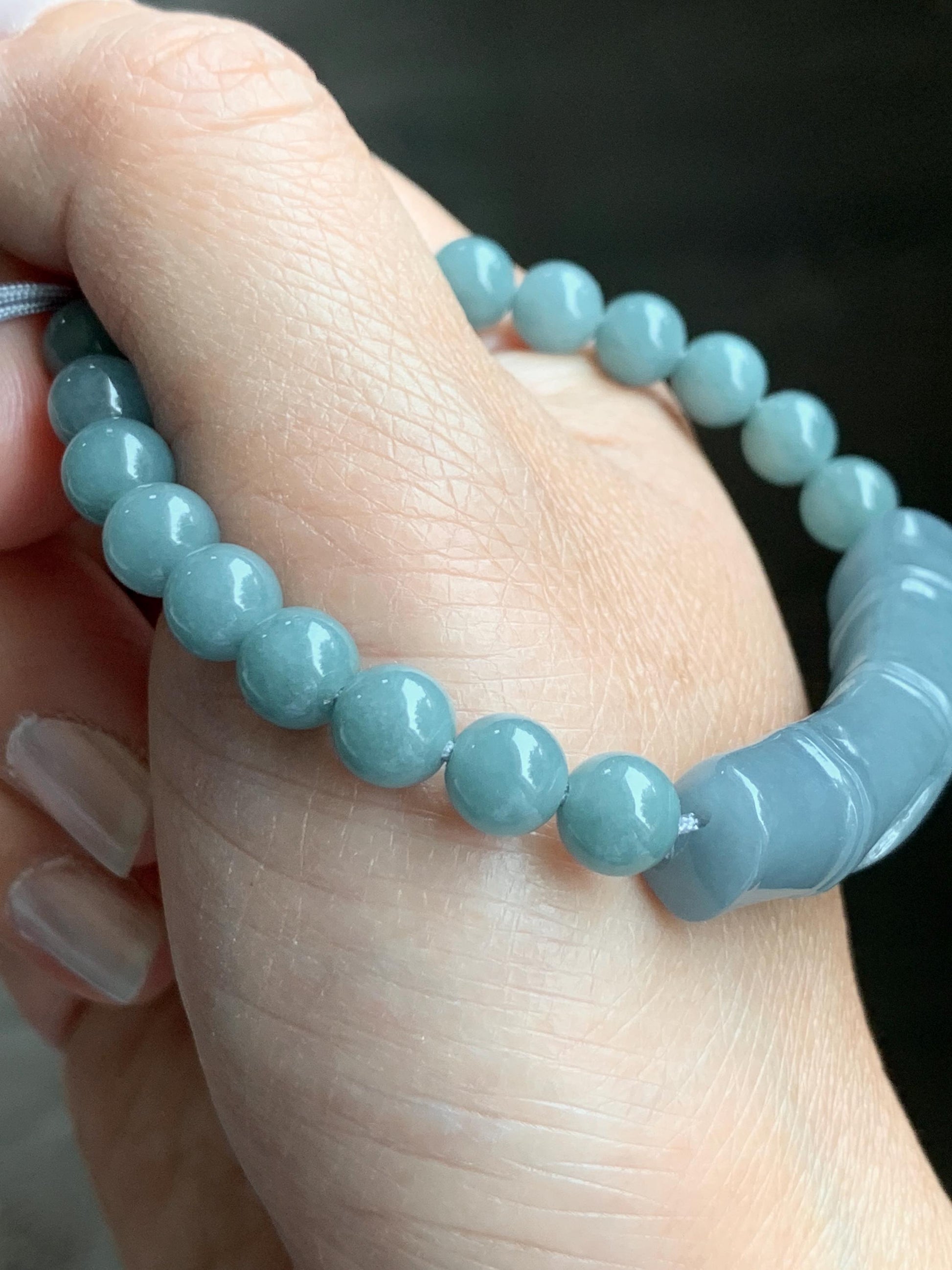 Natural Guatemalan Light Purplish Blue Jadeite Bamboo Stalk Dusty Teal Blue Jadeite Beads Beaded Bracelet 6.9mm 6.75” 22g 天然冰胶危淡蓝紫翡翠竹节手牌手串
