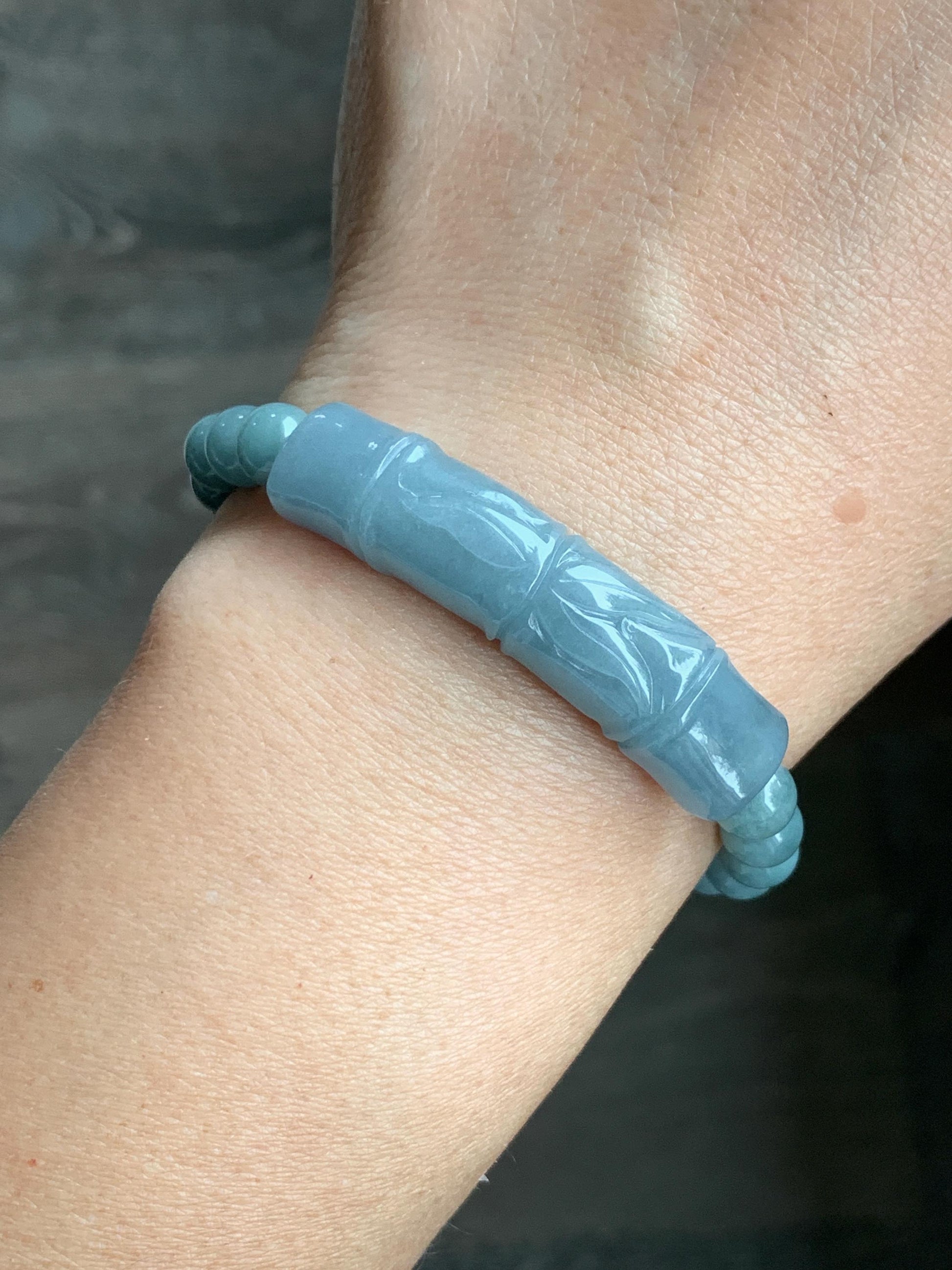 Natural Guatemalan Light Purplish Blue Jadeite Bamboo Stalk Dusty Teal Blue Jadeite Beads Beaded Bracelet 6.9mm 6.75” 22g 天然冰胶危淡蓝紫翡翠竹节手牌手串