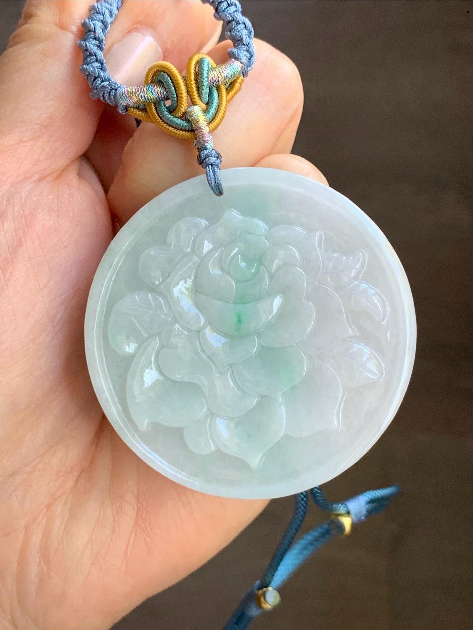 Natural Burmese Grade A Translucent Light Green & Green Marbled Jadeite Rose Flower Pendant Rope Necklace 26” 40g 天然缅甸糯冰晴飘花翡翠玫瑰花吊坠