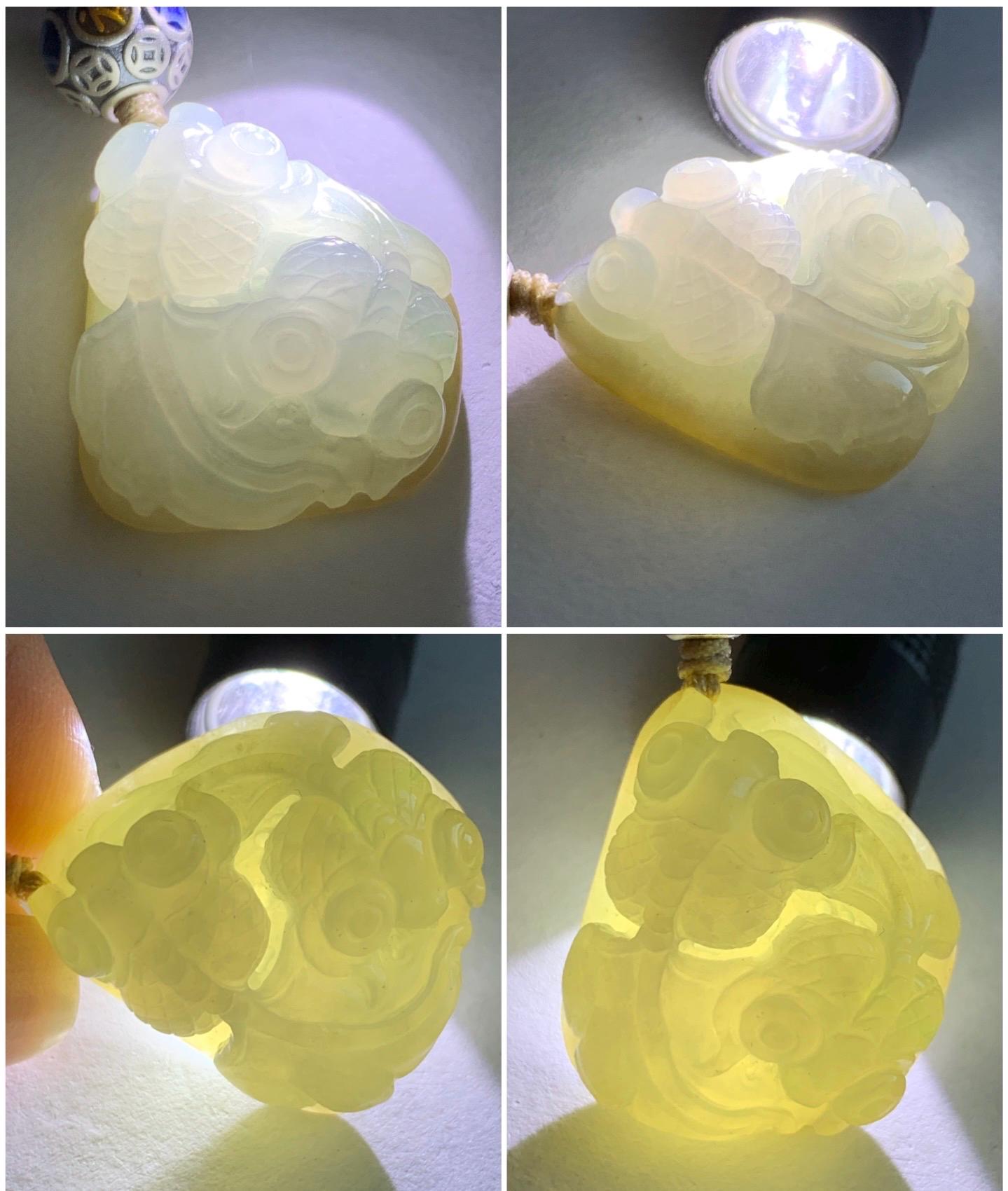 Certified Natural Burmese Icy Translucent Bicolored Jadeite Double Goldfish Pendant Rope Necklace 26” Sterling Silver 天然缅甸冰胶冰糖黄加蓝翡翠双鱼吊坠 6919