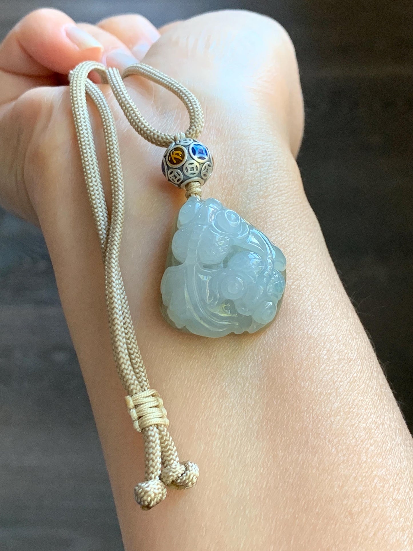 Certified Natural Burmese Icy Translucent Bicolored Jadeite Double Goldfish Pendant Rope Necklace 26” Sterling Silver 天然缅甸冰胶冰糖黄加蓝翡翠双鱼吊坠 6919