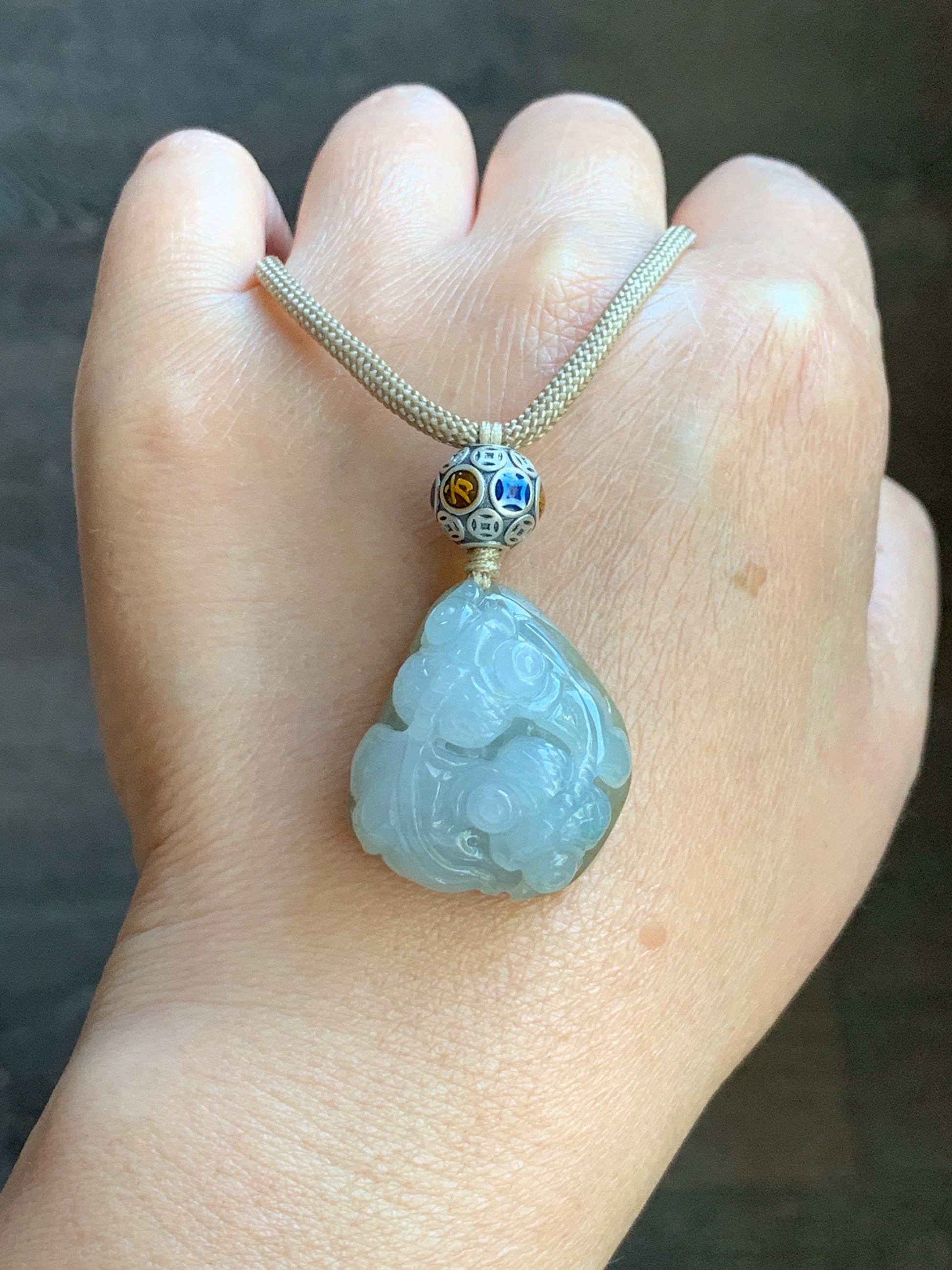 Certified Natural Burmese Icy Translucent Bicolored Jadeite Double Goldfish Pendant Rope Necklace 26” Sterling Silver 天然缅甸冰胶冰糖黄加蓝翡翠双鱼吊坠 6919