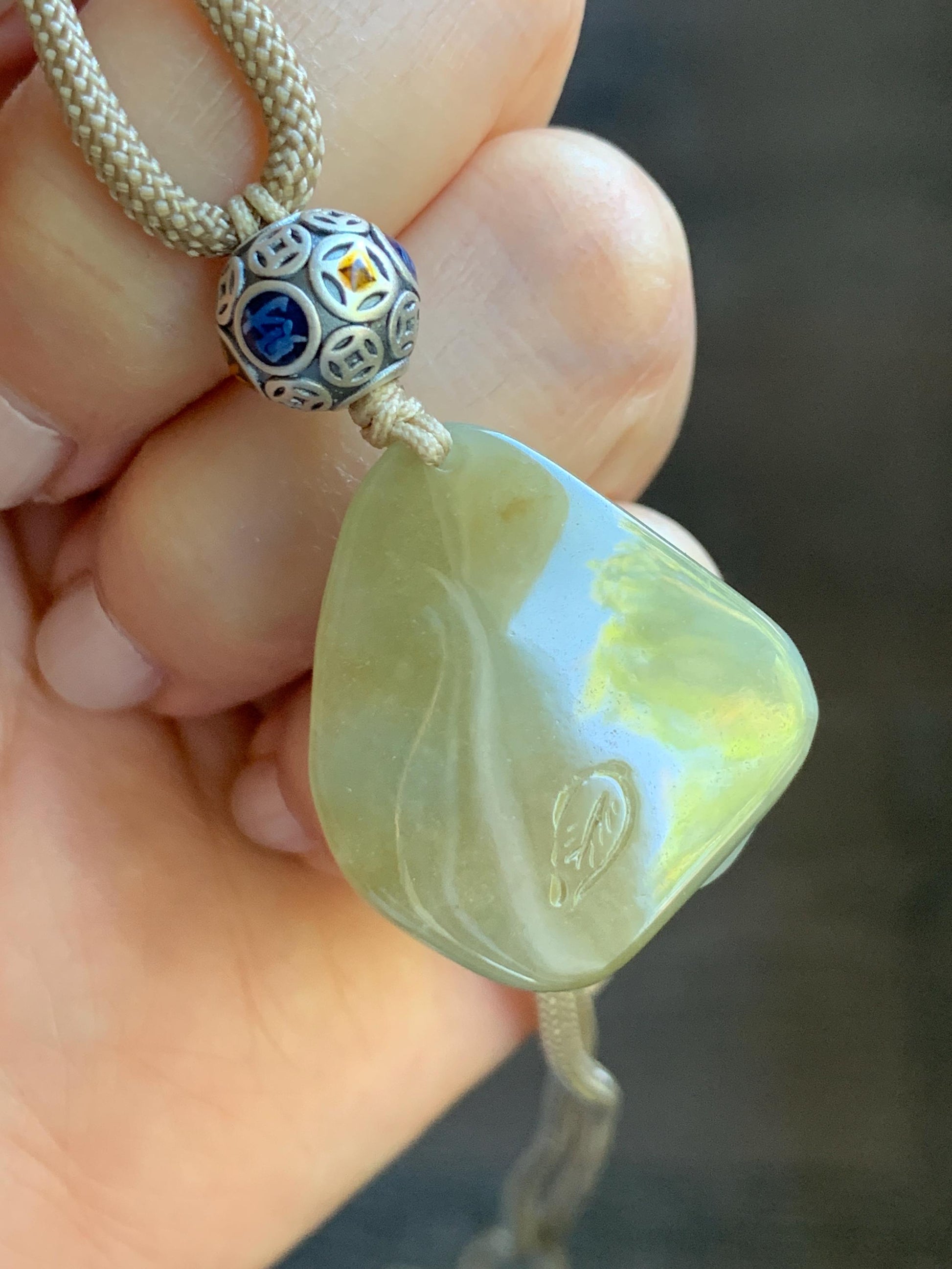 Certified Natural Burmese Icy Translucent Bicolored Jadeite Double Goldfish Pendant Rope Necklace 26” Sterling Silver 天然缅甸冰胶冰糖黄加蓝翡翠双鱼吊坠 6919