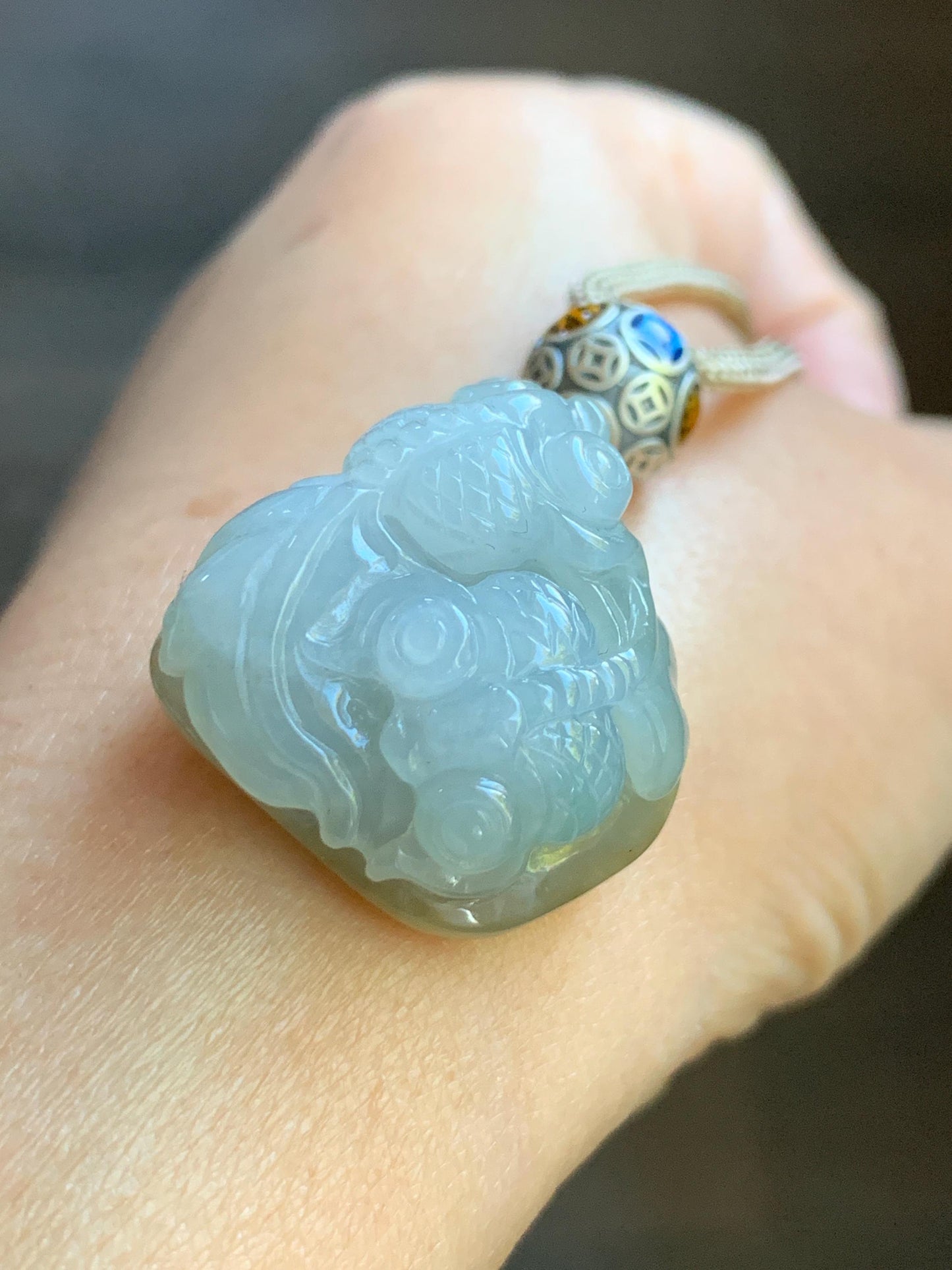 Certified Natural Burmese Icy Translucent Bicolored Jadeite Double Goldfish Pendant Rope Necklace 26” Sterling Silver 天然缅甸冰胶冰糖黄加蓝翡翠双鱼吊坠 6919