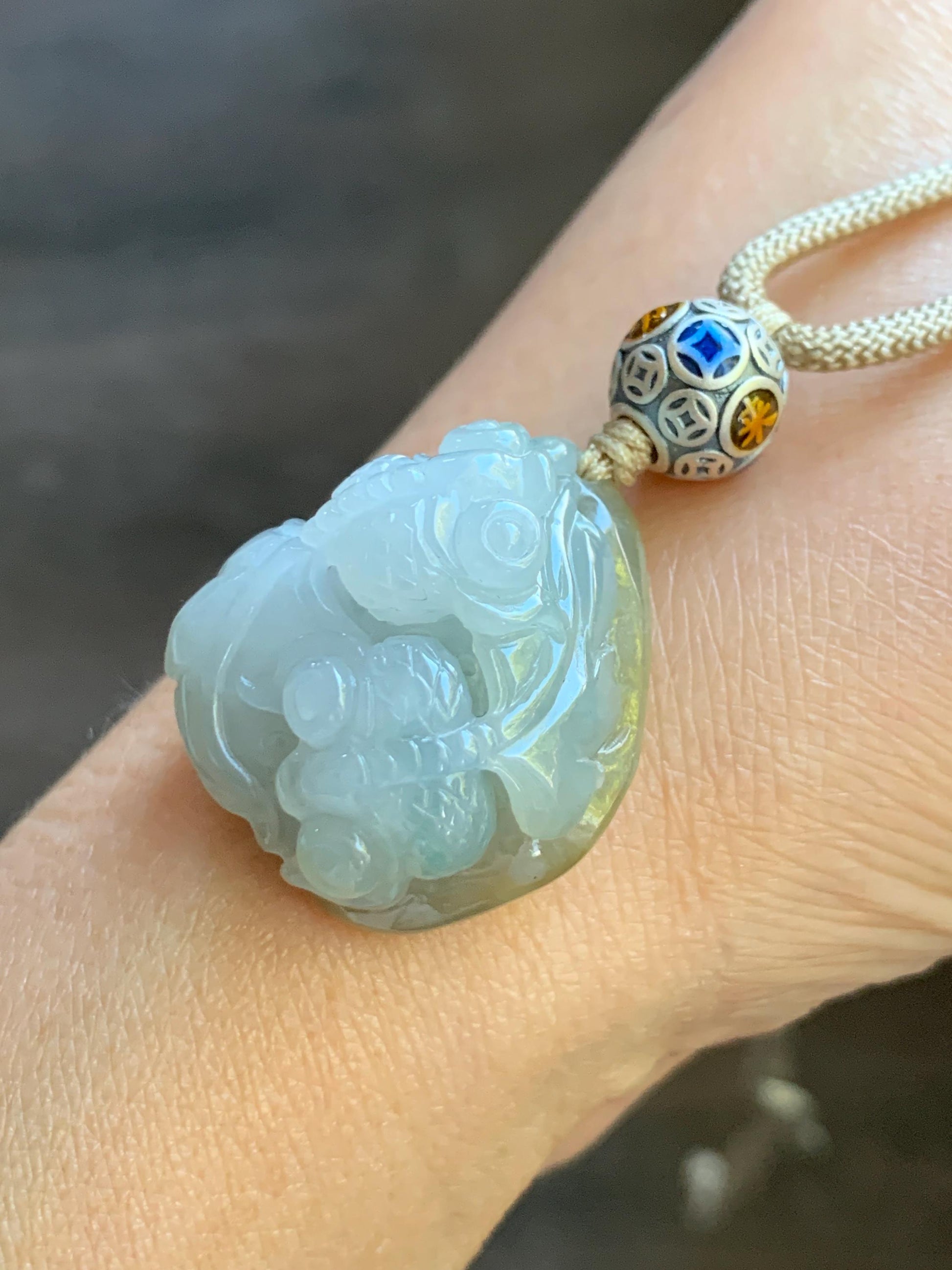 Certified Natural Burmese Icy Translucent Bicolored Jadeite Double Goldfish Pendant Rope Necklace 26” Sterling Silver 天然缅甸冰胶冰糖黄加蓝翡翠双鱼吊坠 6919