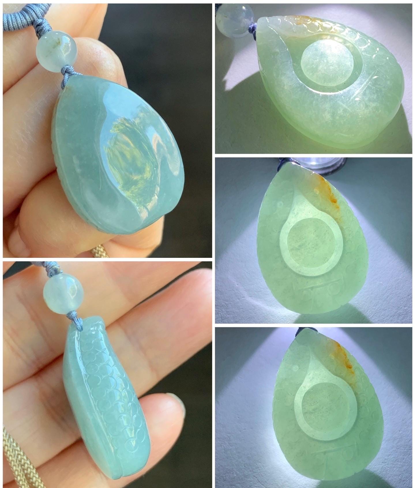 Natural Burmese Grade A Icy Translucent Light Sky Blue Jadeite Teardrop Abalone Pendant Rope Necklace Adjustable 25" 15g 天然缅甸冰胶淡天空蓝翡翠鲍鱼吊坠