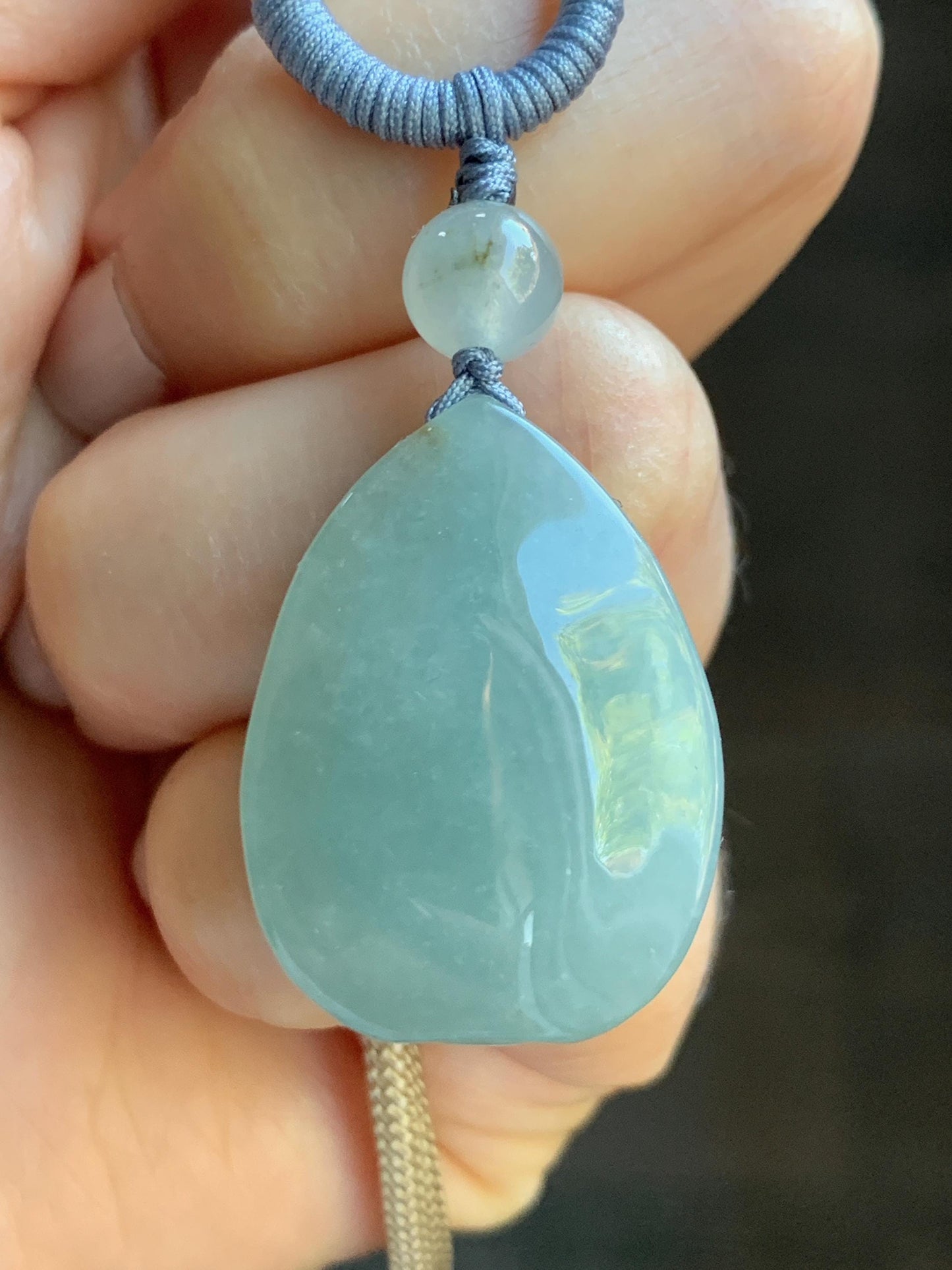 Natural Burmese Grade A Icy Translucent Light Sky Blue Jadeite Teardrop Abalone Pendant Rope Necklace Adjustable 25" 15g 天然缅甸冰胶淡天空蓝翡翠鲍鱼吊坠