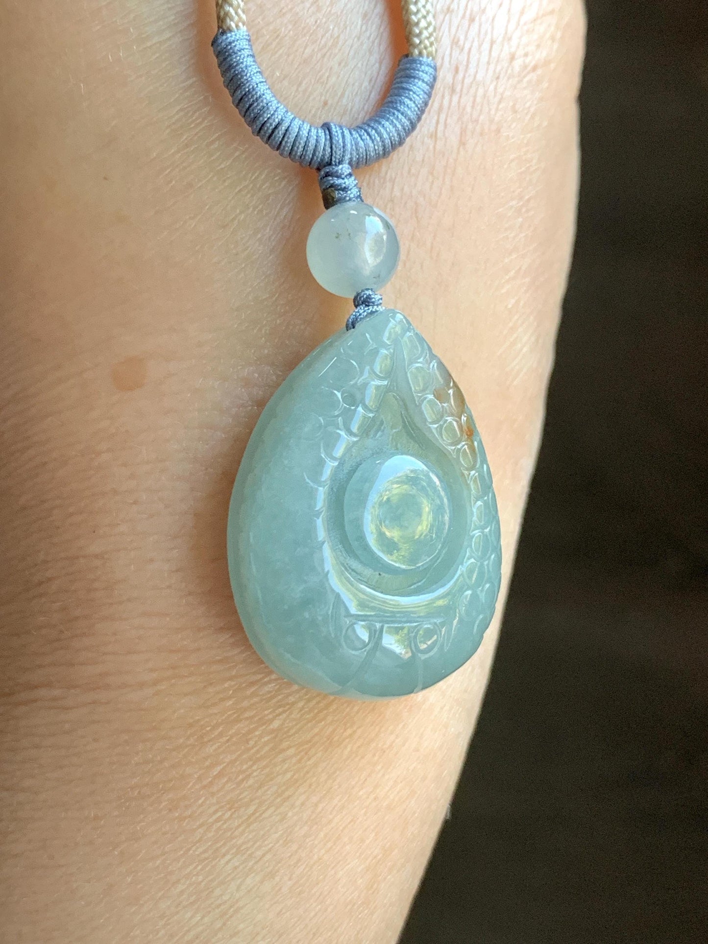 Natural Burmese Grade A Icy Translucent Light Sky Blue Jadeite Teardrop Abalone Pendant Rope Necklace Adjustable 25" 15g 天然缅甸冰胶淡天空蓝翡翠鲍鱼吊坠