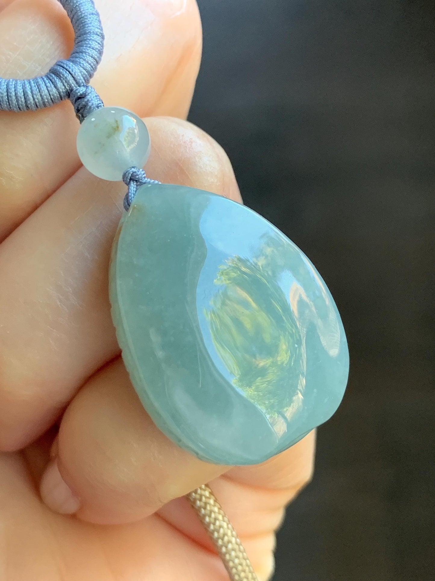 Natural Burmese Grade A Icy Translucent Light Sky Blue Jadeite Teardrop Abalone Pendant Rope Necklace Adjustable 25" 15g 天然缅甸冰胶淡天空蓝翡翠鲍鱼吊坠