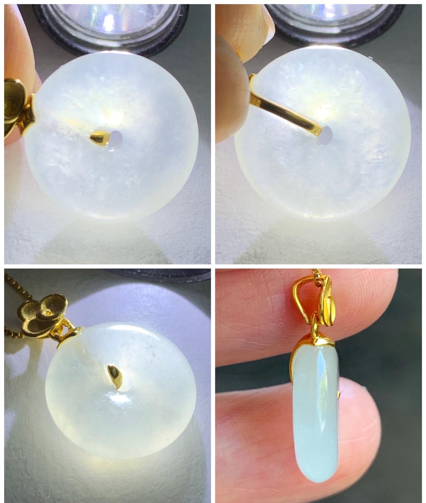 Certified Natural Burmese Icy Highly Translucent White Jadeite Petite Ping An Kou Donut Pendant 18K Yellow Gold 天然缅甸正白冰翡翠平安扣仿古款镶嵌吊坠 3029