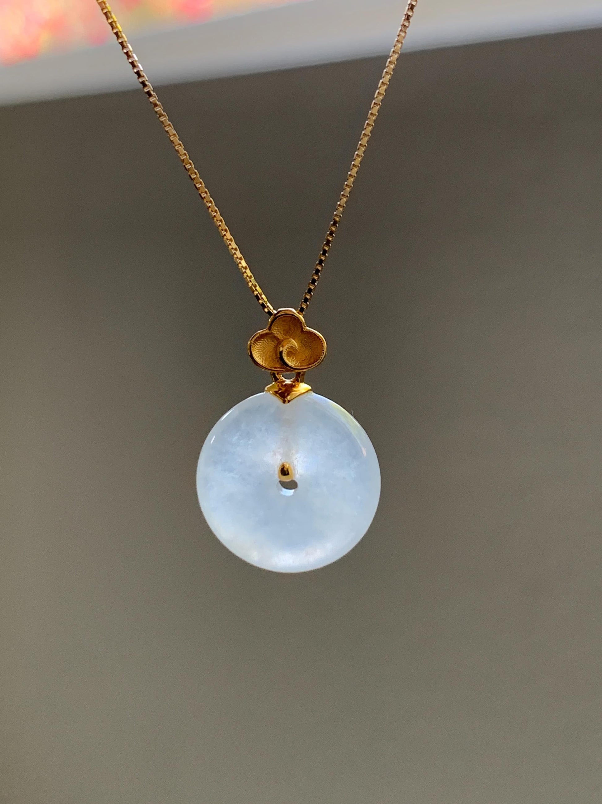 Certified Natural Burmese Icy Highly Translucent White Jadeite Petite Ping An Kou Donut Pendant 18K Yellow Gold 天然缅甸正白冰翡翠平安扣仿古款镶嵌吊坠 3029