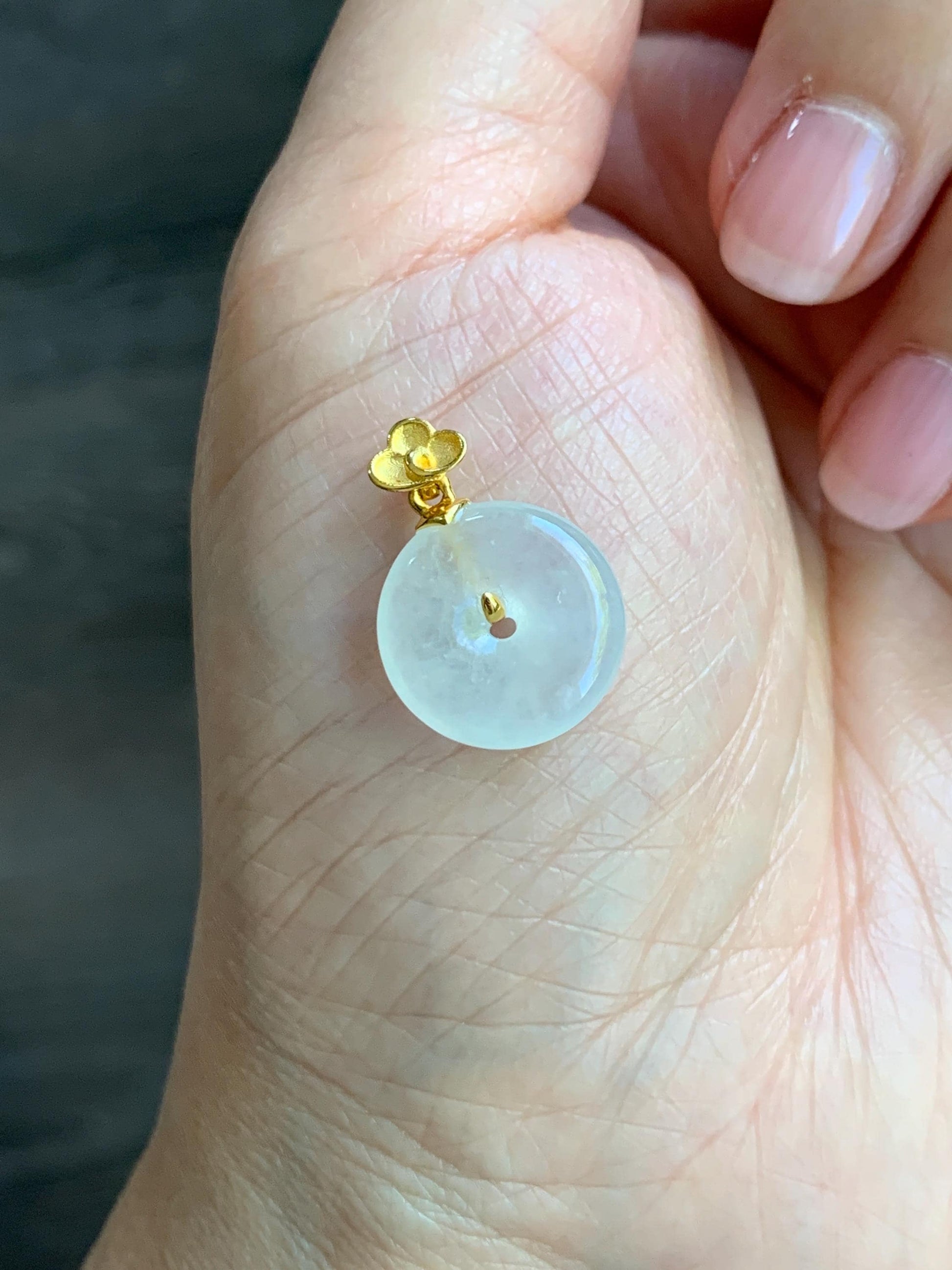 Certified Natural Burmese Icy Highly Translucent White Jadeite Petite Ping An Kou Donut Pendant 18K Yellow Gold 天然缅甸正白冰翡翠平安扣仿古款镶嵌吊坠 3029