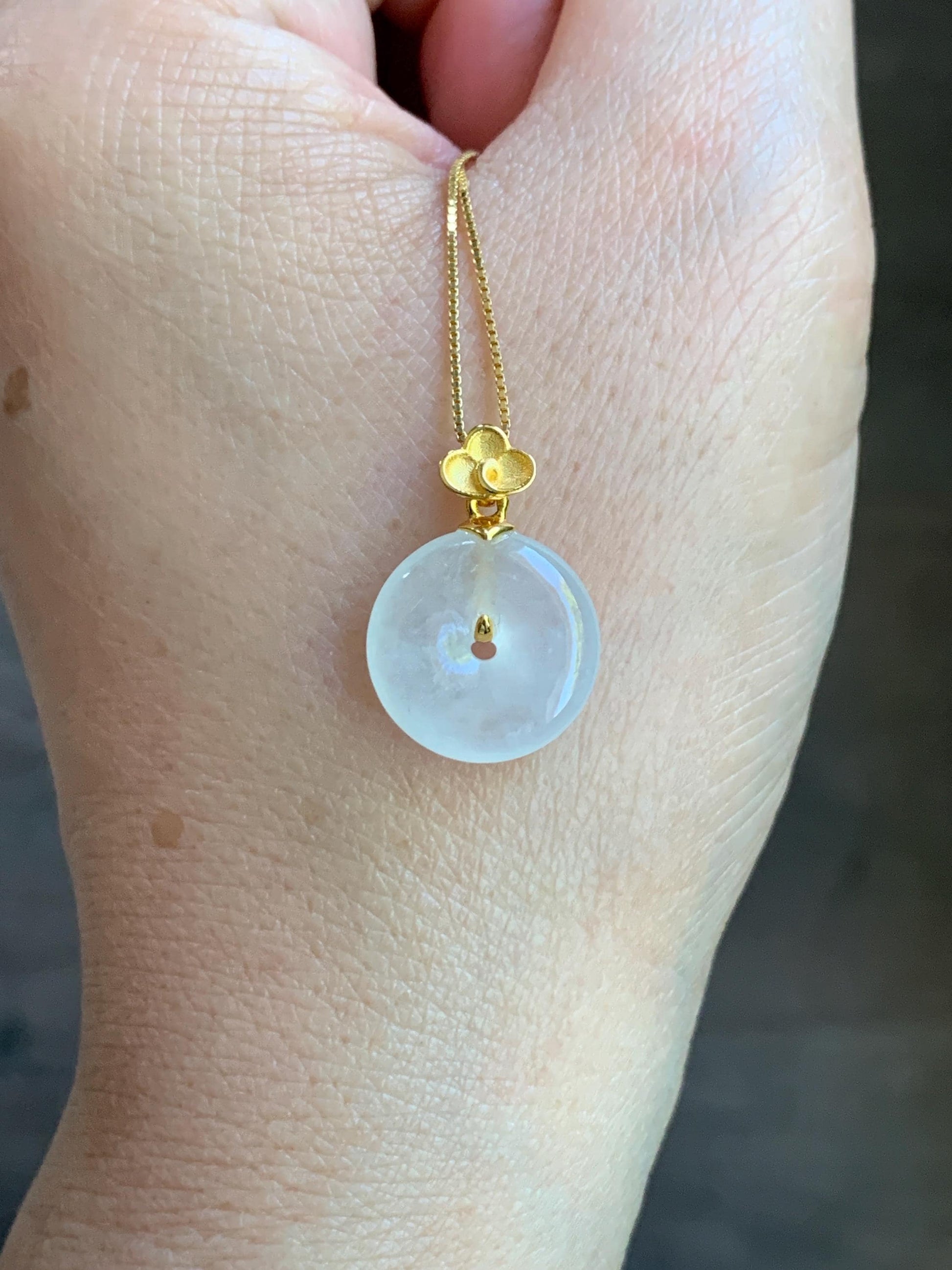 Certified Natural Burmese Icy Highly Translucent White Jadeite Petite Ping An Kou Donut Pendant 18K Yellow Gold 天然缅甸正白冰翡翠平安扣仿古款镶嵌吊坠 3029