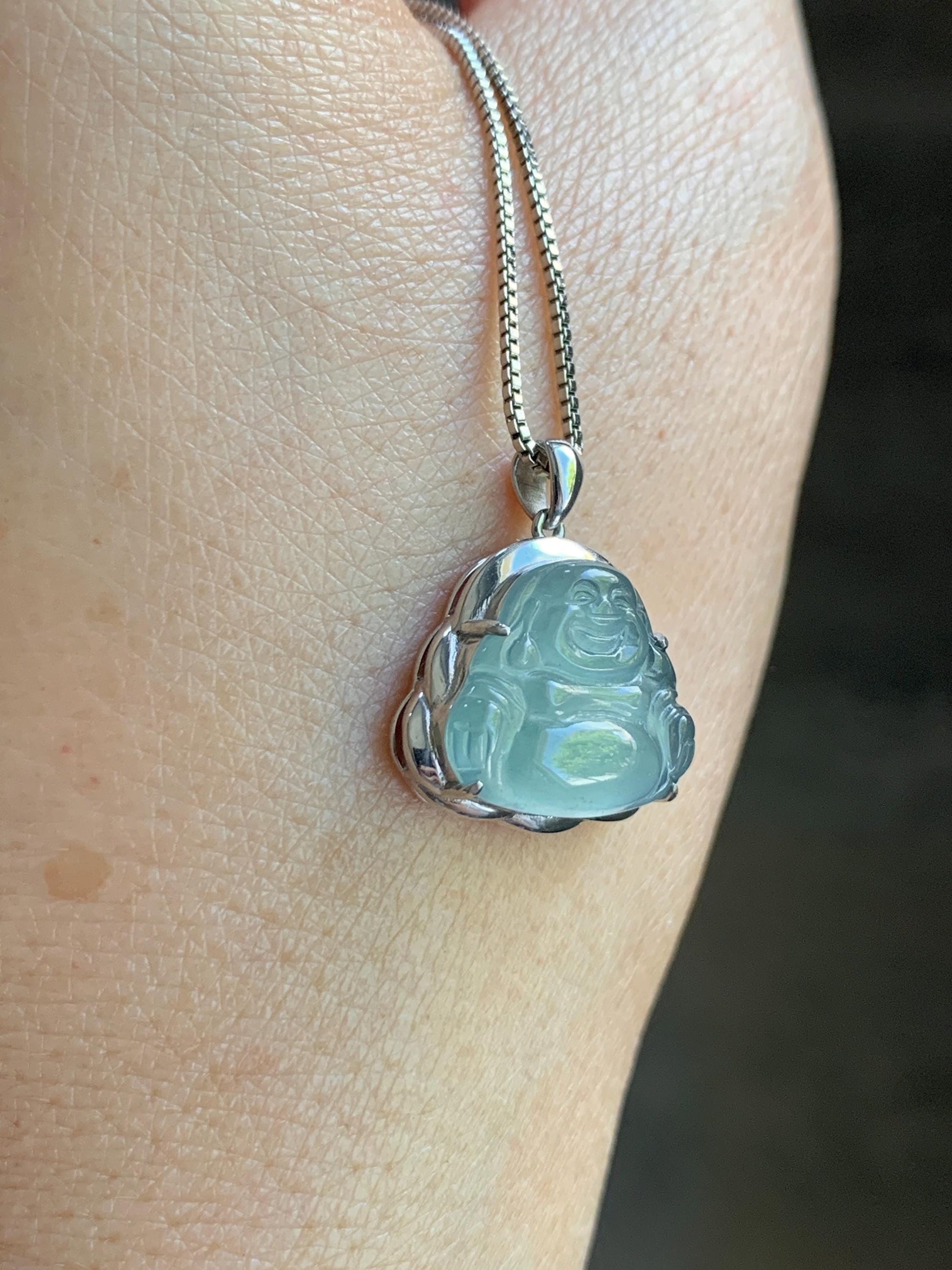 Certified Natural Guatemalan Icy Highly Translucent Light Teal Blue Jadeite Buddha Petite Pendant Sterling Silver 天然老种高冰危蓝绿翡翠起光佛公镶嵌吊坠 3023