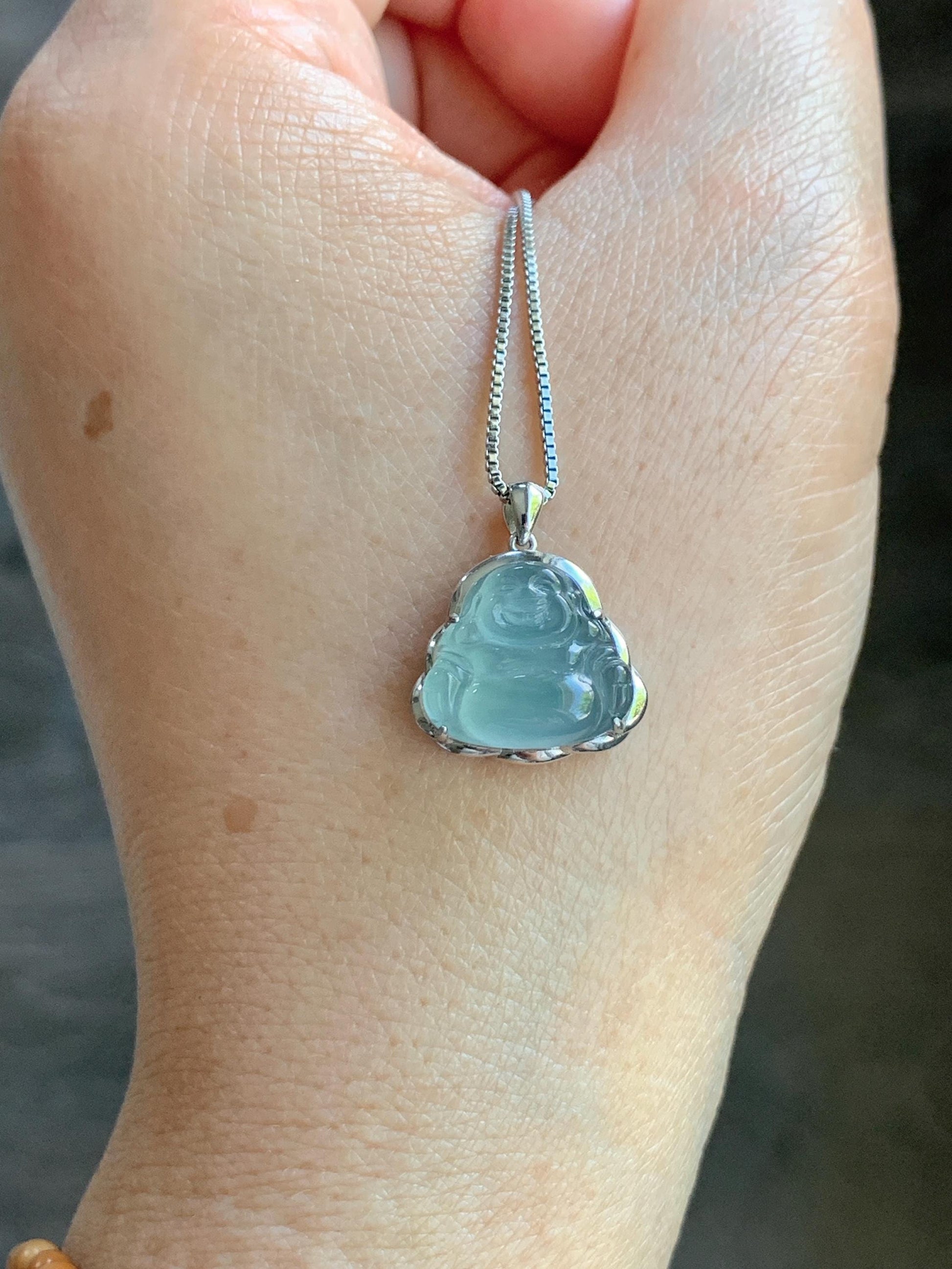 Certified Natural Guatemalan Icy Highly Translucent Light Teal Blue Jadeite Buddha Petite Pendant Sterling Silver 天然老种高冰危蓝绿翡翠起光佛公镶嵌吊坠 3023