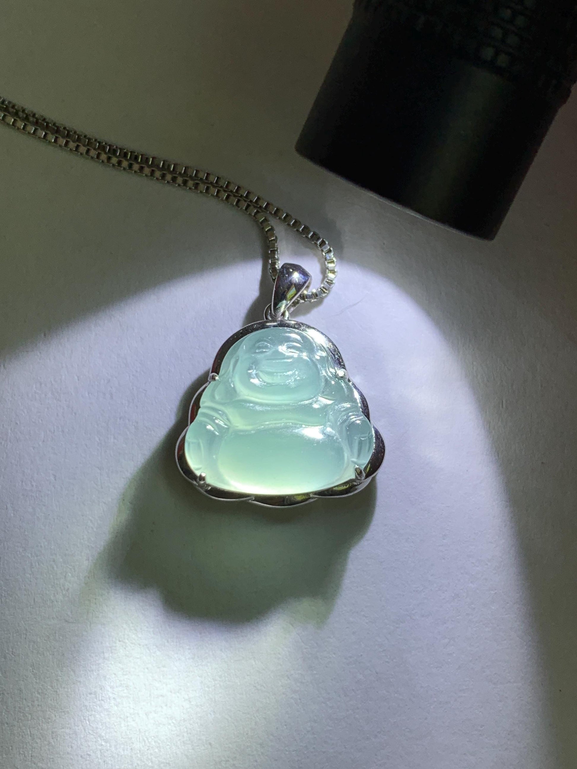 Certified Natural Guatemalan Icy Highly Translucent Light Teal Blue Jadeite Buddha Petite Pendant Sterling Silver 天然老种高冰危蓝绿翡翠起光佛公镶嵌吊坠 3023
