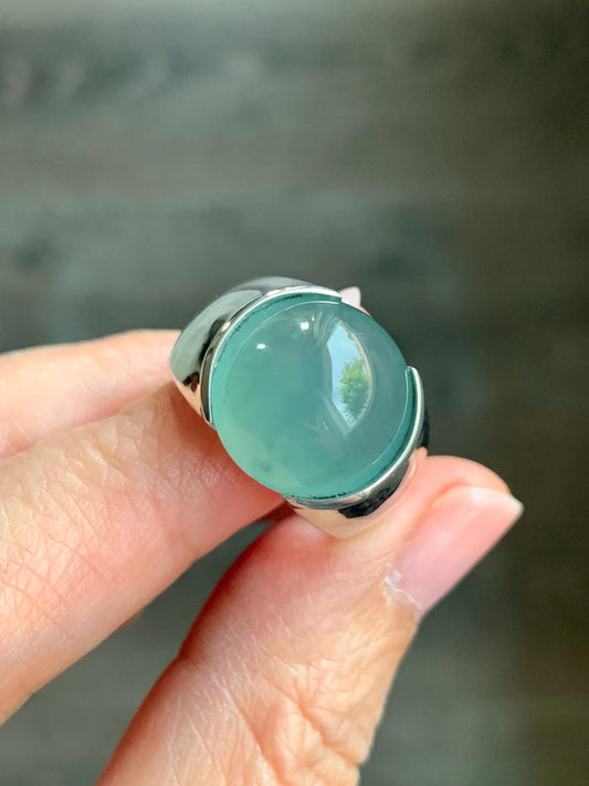 Certified Natural Guatemalan Icy Highly Translucent Teal Blue Jadeite Round Cabochon Solitaire Ring Sterling Silver size 7 天然冰危蓝水翡翠蛋面戒指 3617