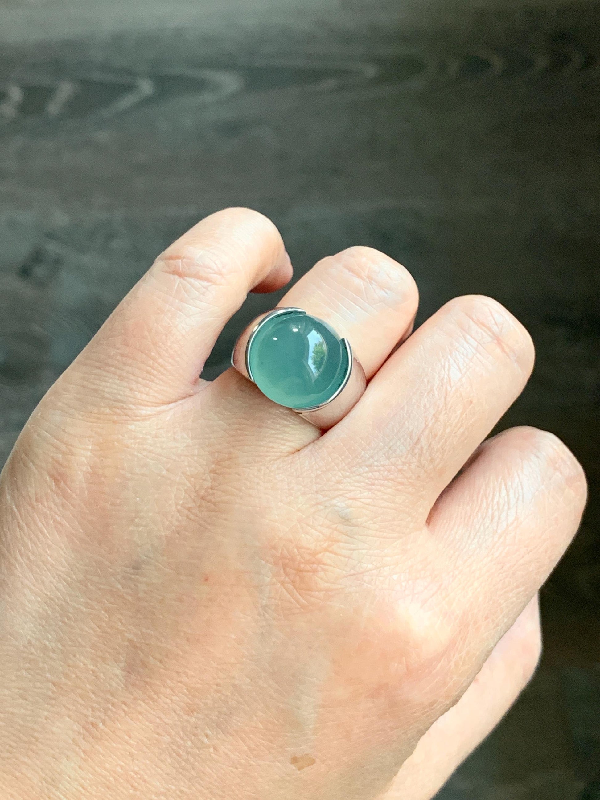 Certified Natural Guatemalan Icy Highly Translucent Teal Blue Jadeite Round Cabochon Solitaire Ring Sterling Silver size 7 天然冰危蓝水翡翠蛋面戒指 3617